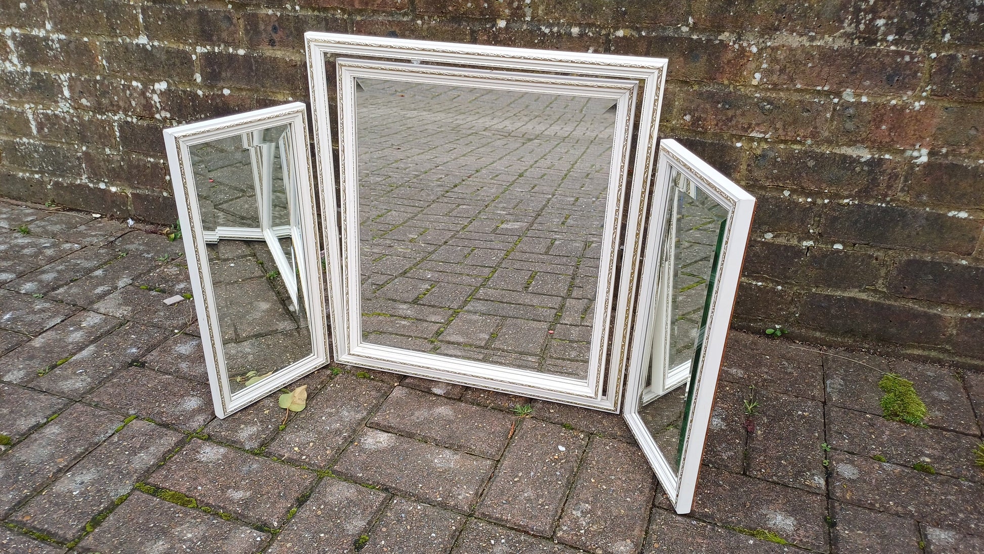 Vintage 70s Painted White Triple Dressing Table Mirror Adjustable Swing