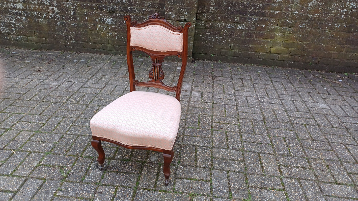 Beautiful Vintage Mahogany Victorian Upholstered Occasional Chair. Nursing Chair Pink Fabric.