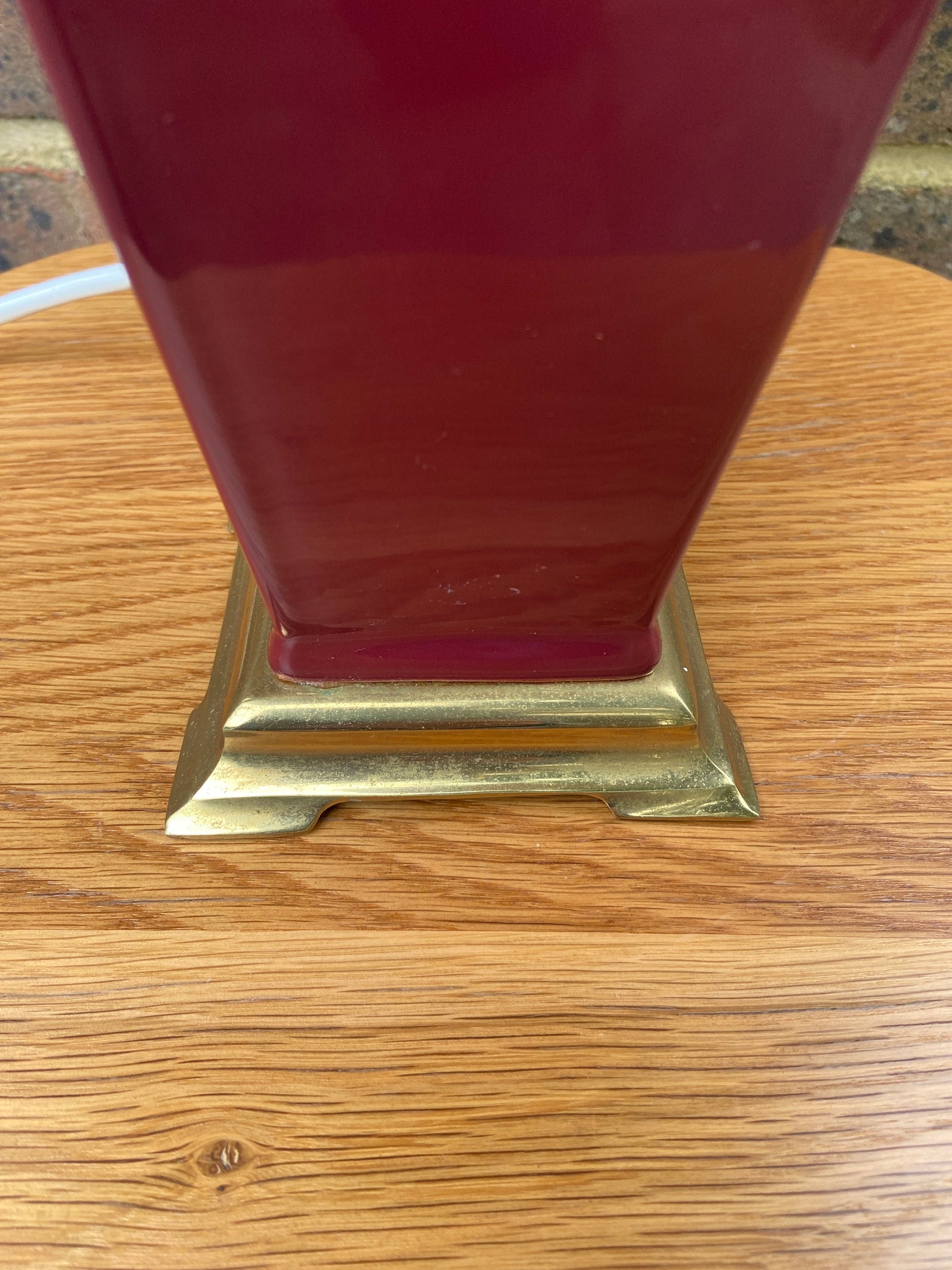 1980s maroon burgundy ceramic lamp with funky floral shade - Goodson Lighting - working