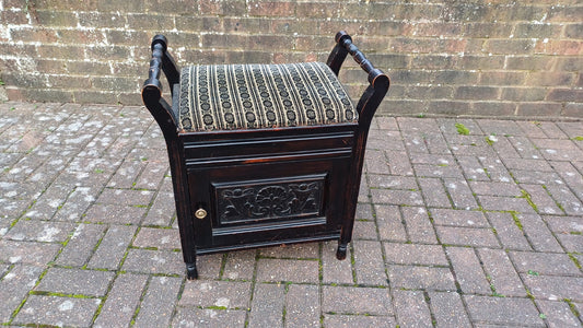 Superb Quality Mahogany Vintage Edwardian Piano Stool Sheet Cupboard and Upper Compartment. Ebonised.