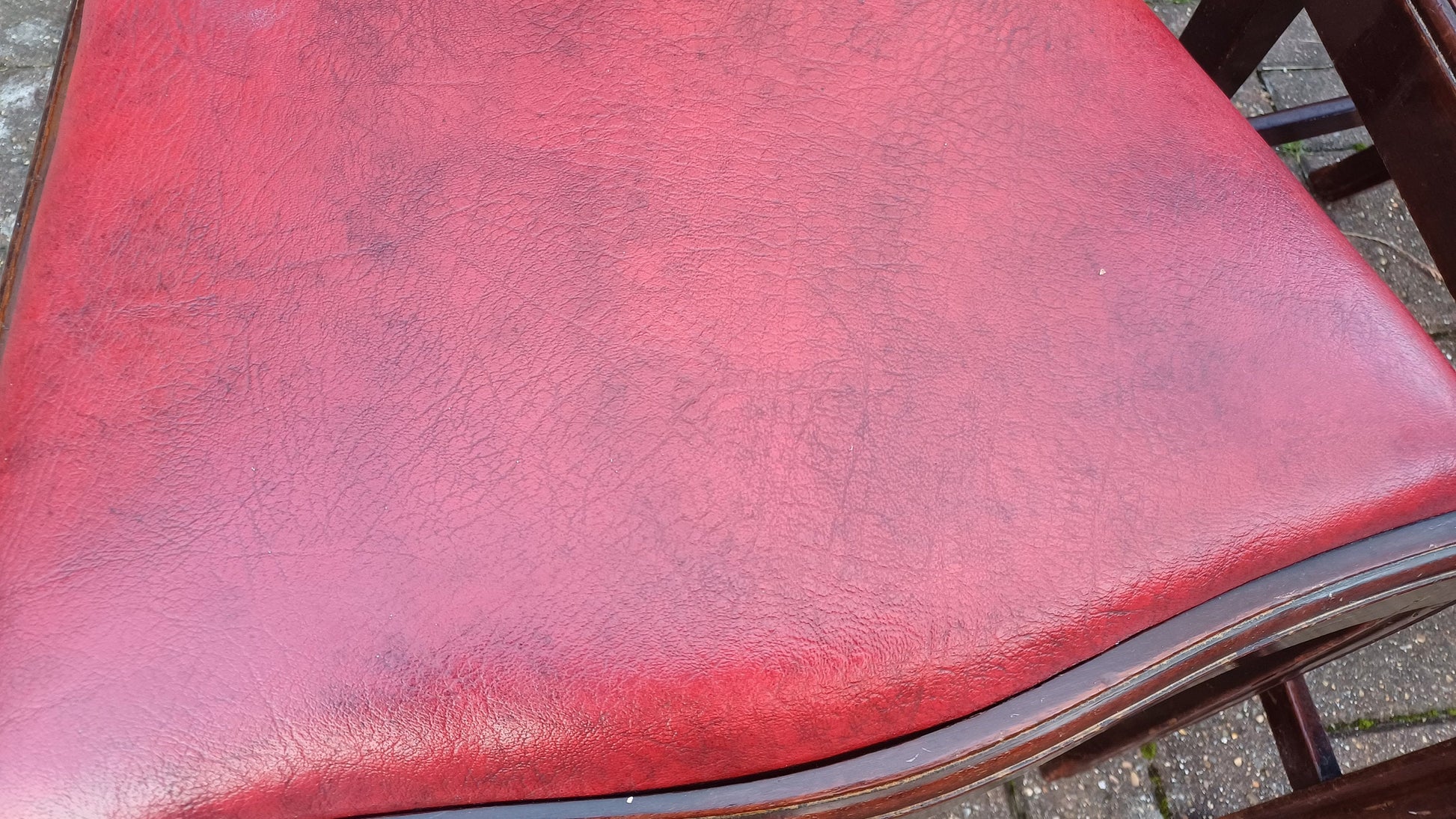 Pair of Vintage Late Victorian Carved Mahogany Chairs Red Leatherette Seats.