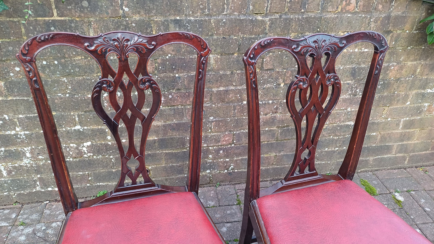 Pair of Vintage Late Victorian Carved Mahogany Chairs Red Leatherette Seats.