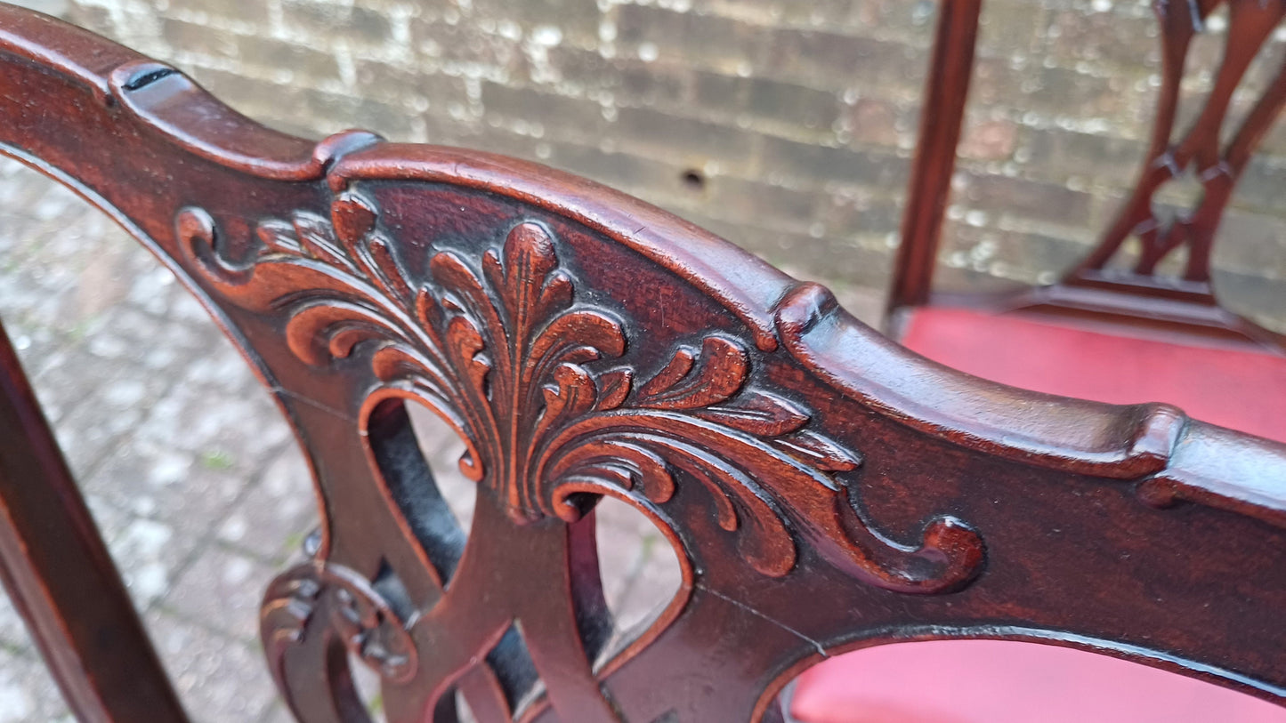 Pair of Vintage Late Victorian Carved Mahogany Chairs Red Leatherette Seats.