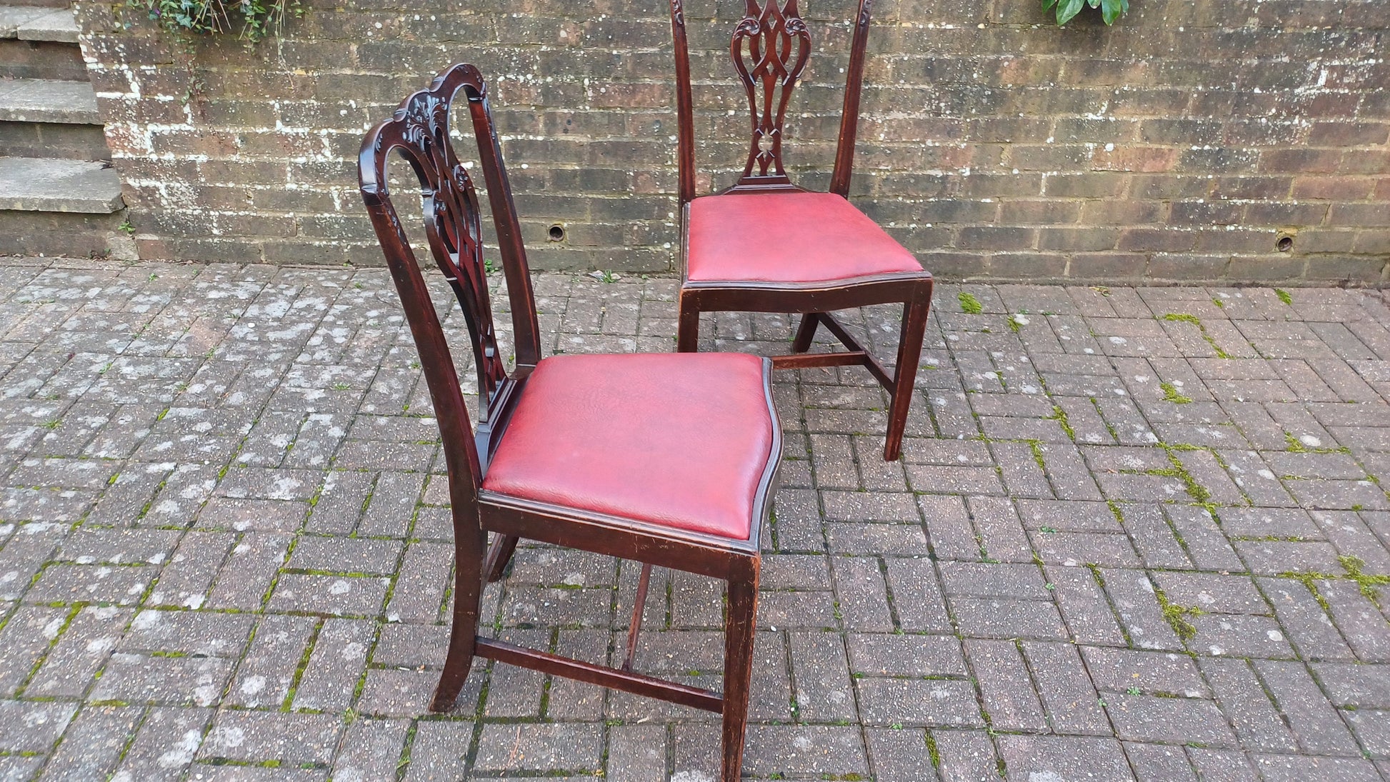 Pair of Vintage Late Victorian Carved Mahogany Chairs Red Leatherette Seats.