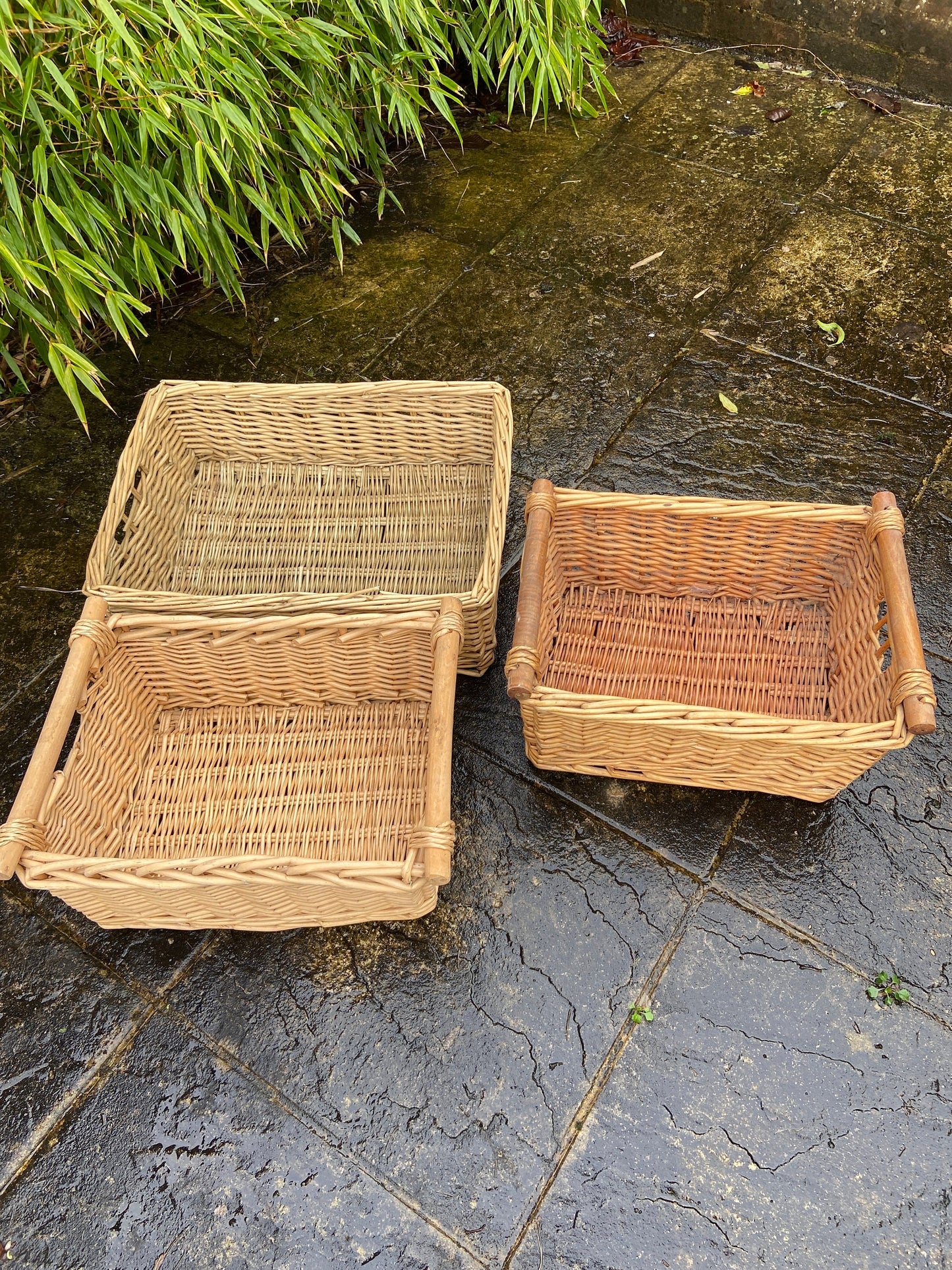 Three vintage wicker cane storage baskets - multi purpose bathroom, under bed, kitchen, cupboard - good sizes - great condition