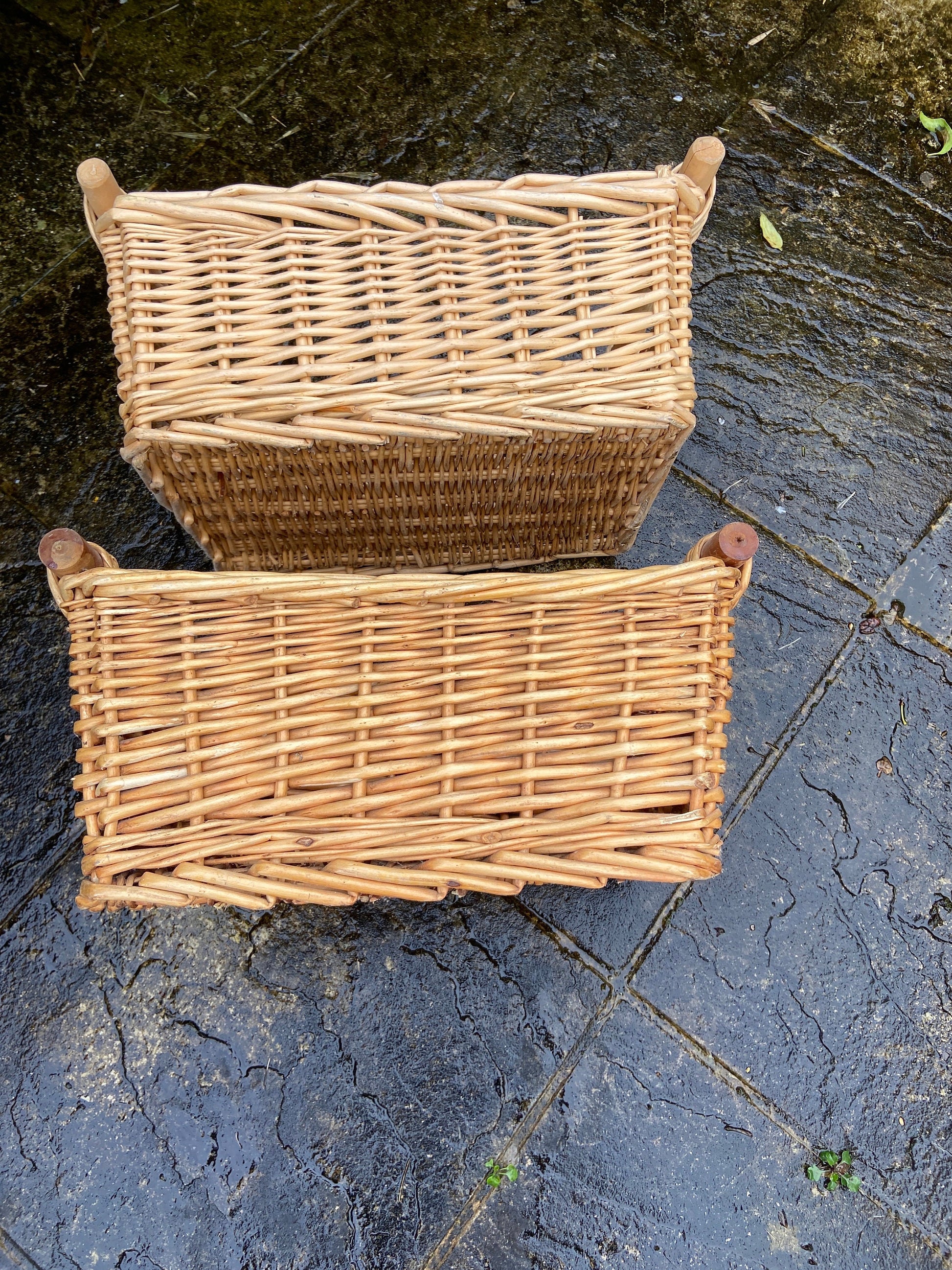 Three vintage wicker cane storage baskets - multi purpose bathroom, under bed, kitchen, cupboard - good sizes - great condition