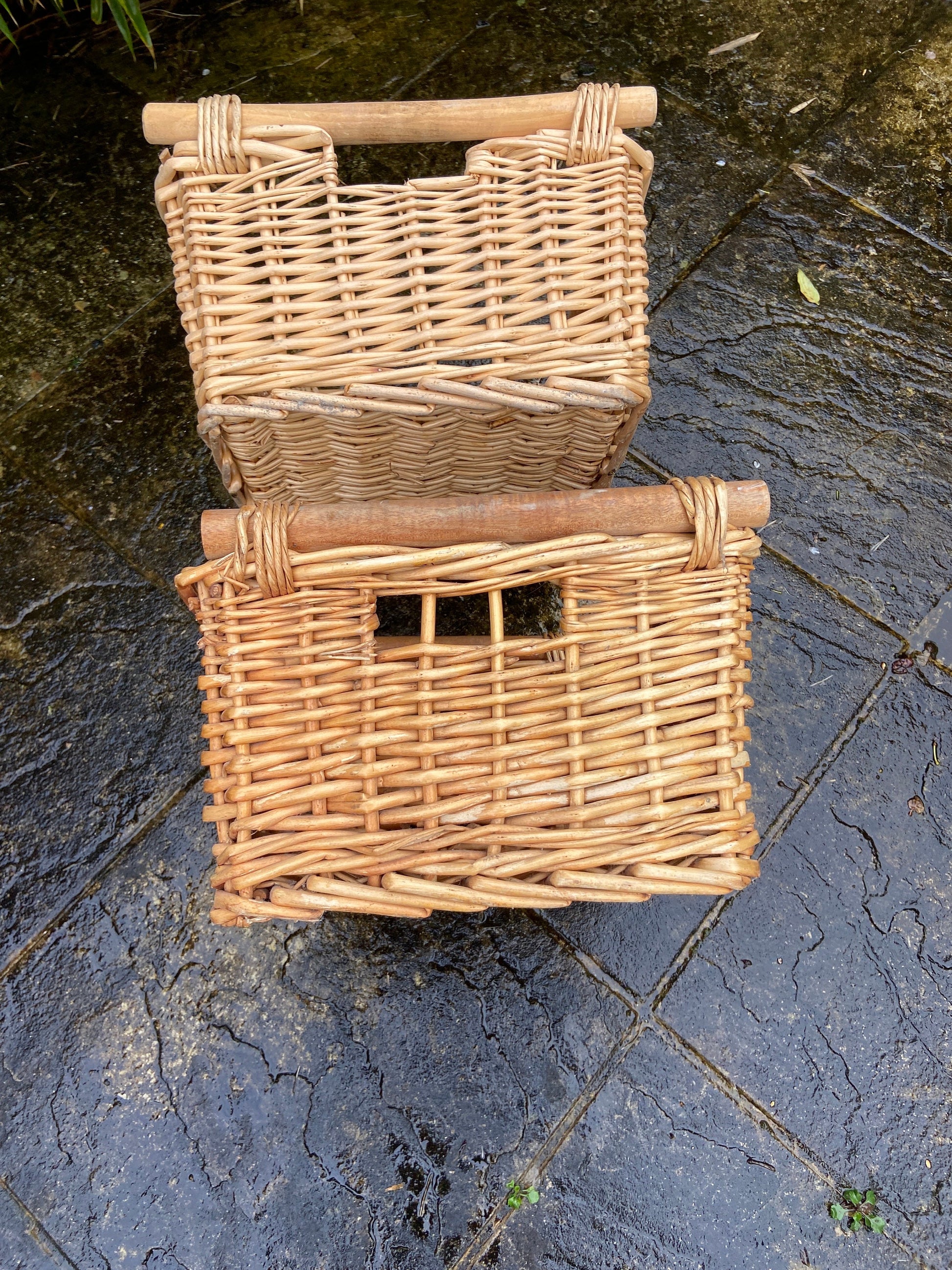 Three vintage wicker cane storage baskets - multi purpose bathroom, under bed, kitchen, cupboard - good sizes - great condition