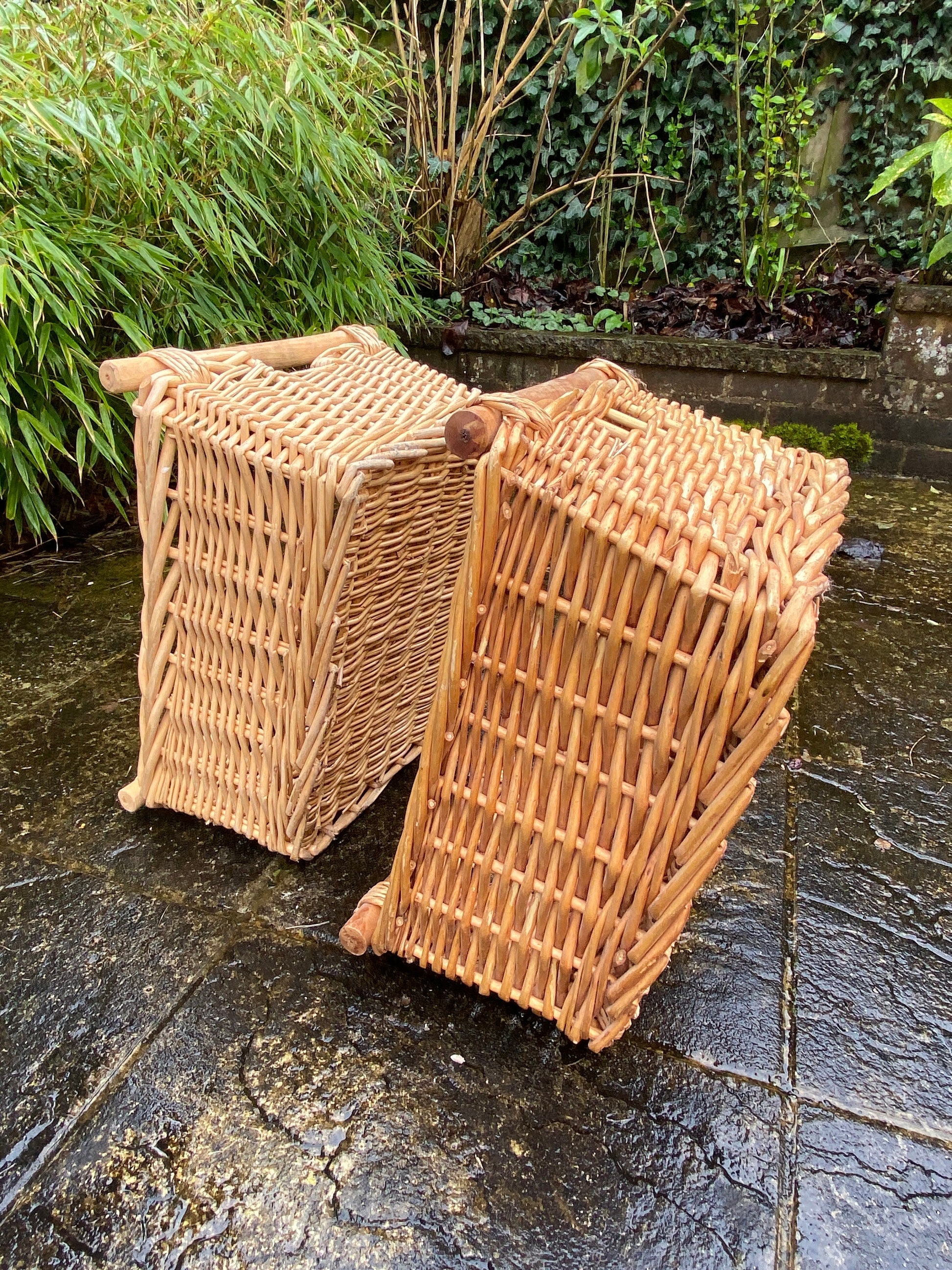 Three vintage wicker cane storage baskets - multi purpose bathroom, under bed, kitchen, cupboard - good sizes - great condition