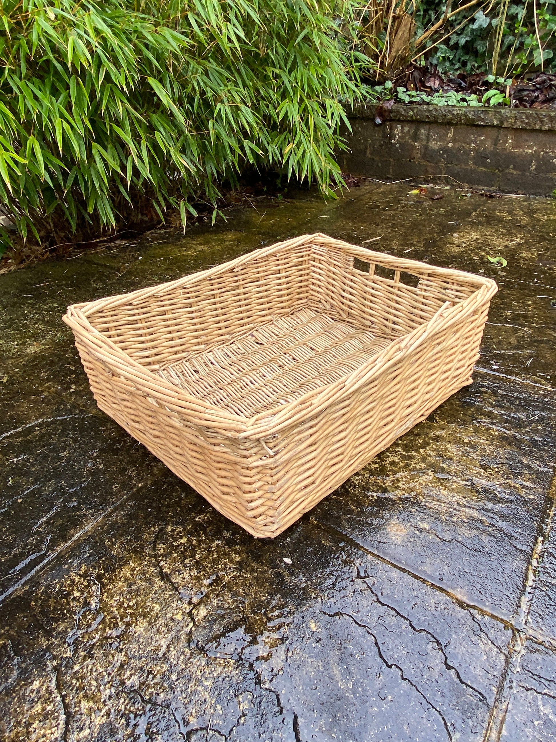 Three vintage wicker cane storage baskets - multi purpose bathroom, under bed, kitchen, cupboard - good sizes - great condition
