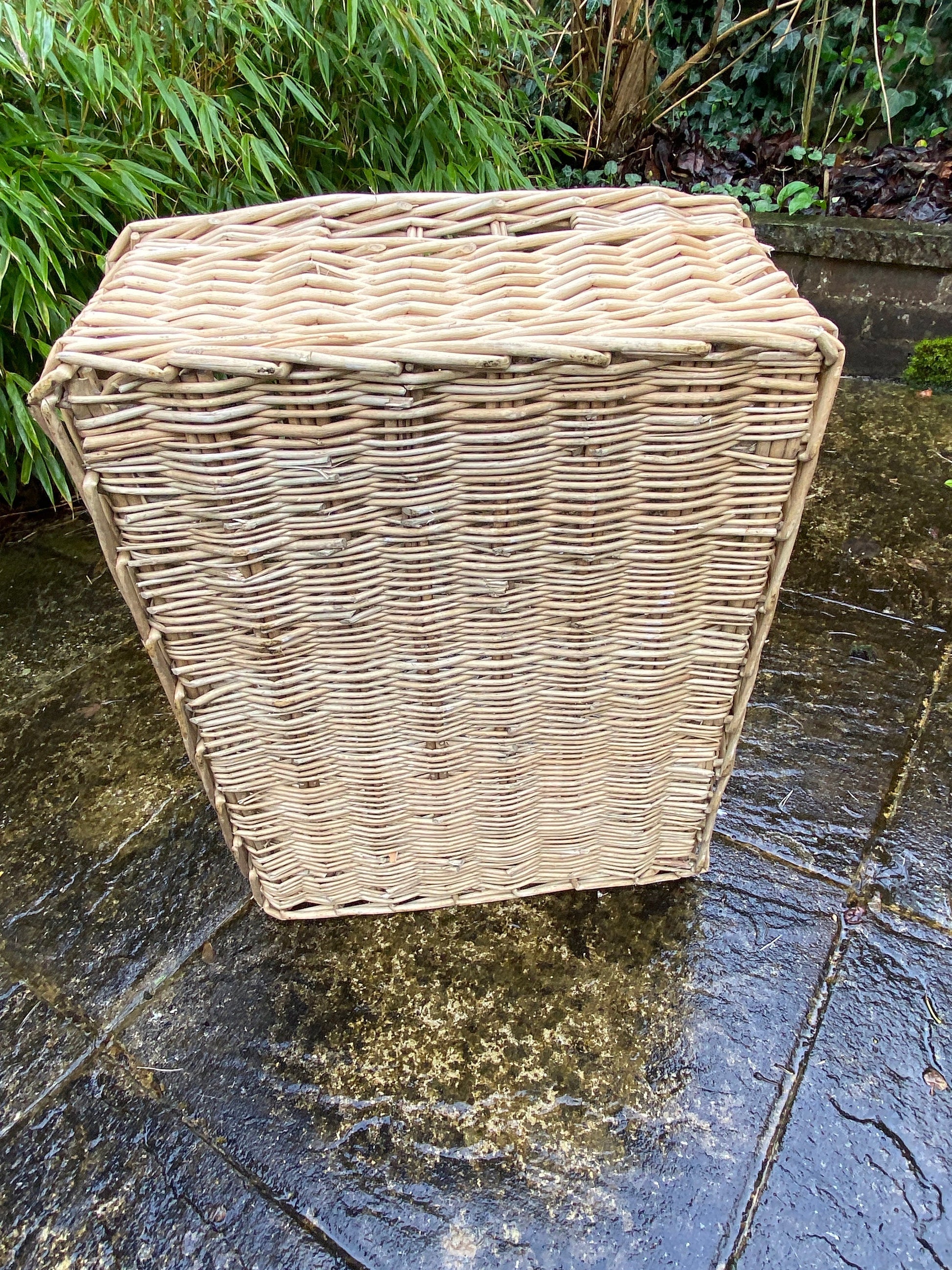Three vintage wicker cane storage baskets - multi purpose bathroom, under bed, kitchen, cupboard - good sizes - great condition