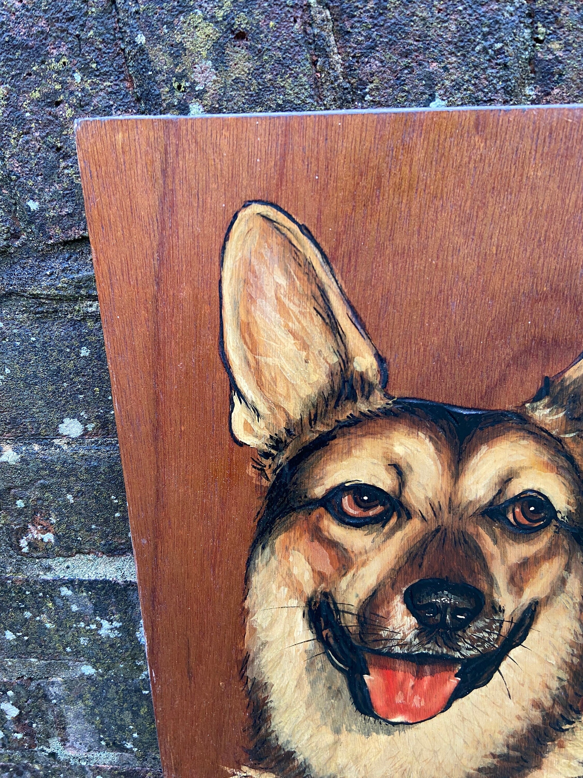 Vintage Blockwood Acrylic Painting of a German Shepherd / Alsation Dog Portrait - mixed media with pyrography (?) and acrylic paint
