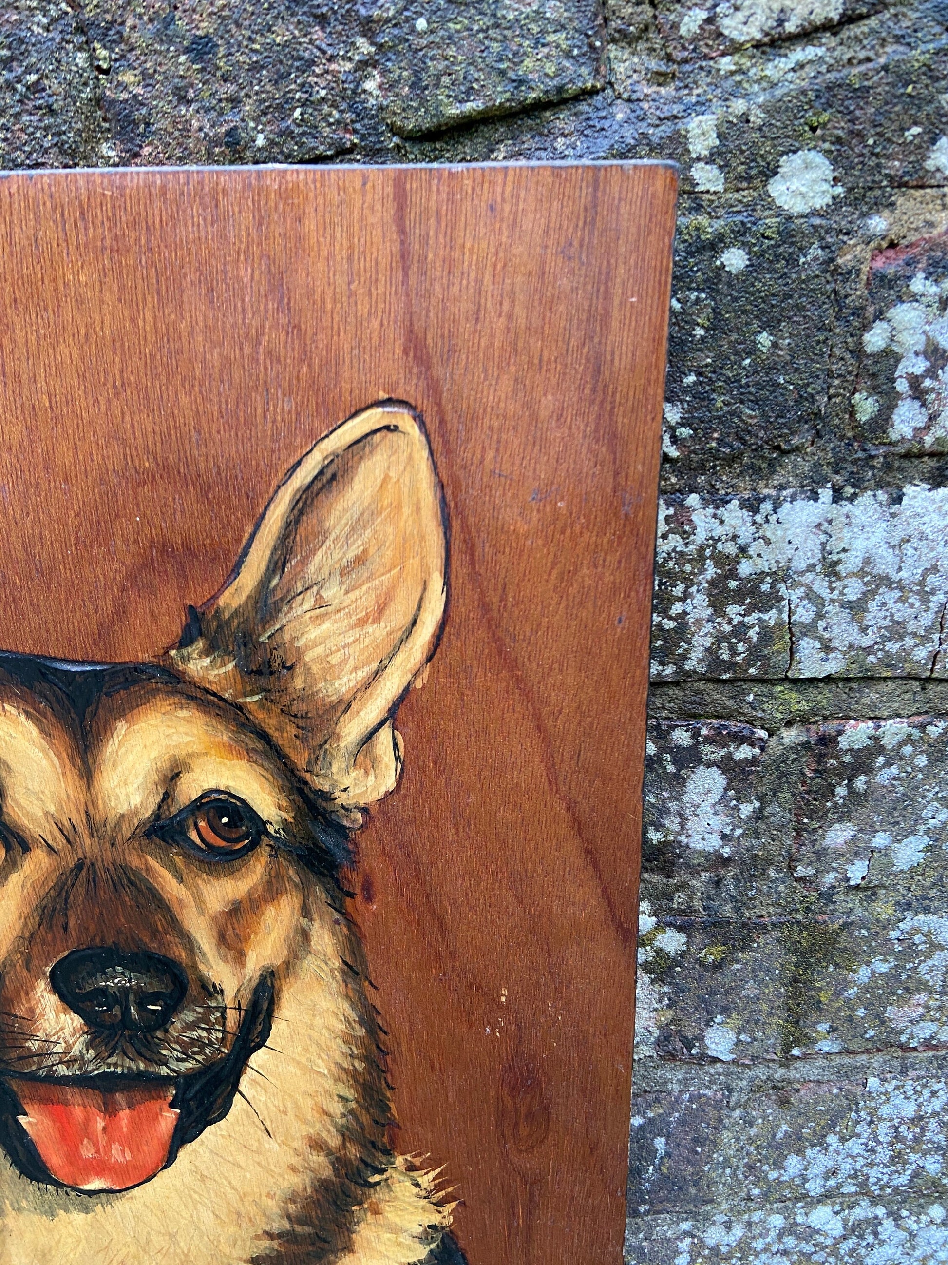 Vintage Blockwood Acrylic Painting of a German Shepherd / Alsation Dog Portrait - mixed media with pyrography (?) and acrylic paint