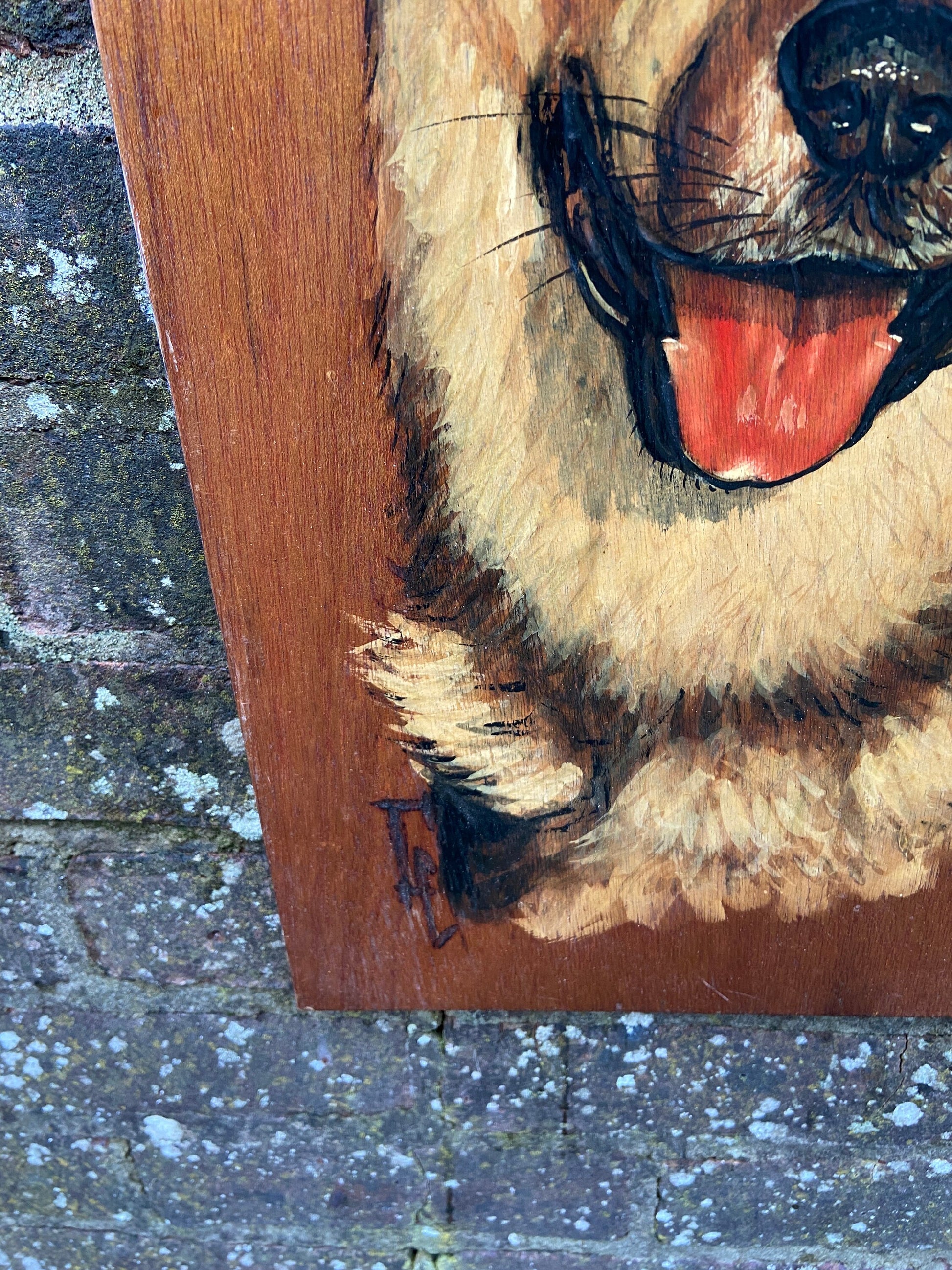 Vintage Blockwood Acrylic Painting of a German Shepherd / Alsation Dog Portrait - mixed media with pyrography (?) and acrylic paint