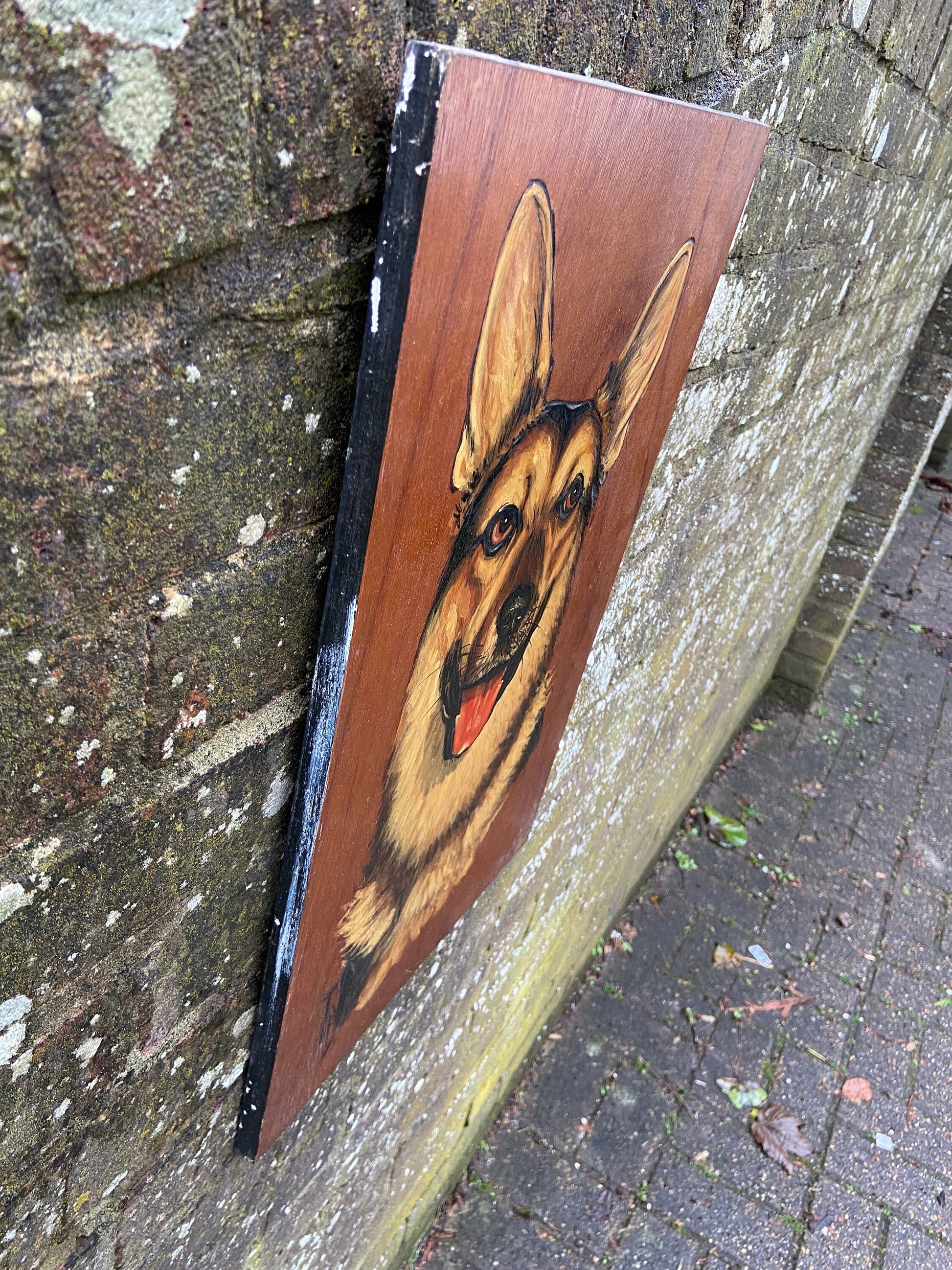 Vintage Blockwood Acrylic Painting of a German Shepherd / Alsation Dog Portrait - mixed media with pyrography (?) and acrylic paint