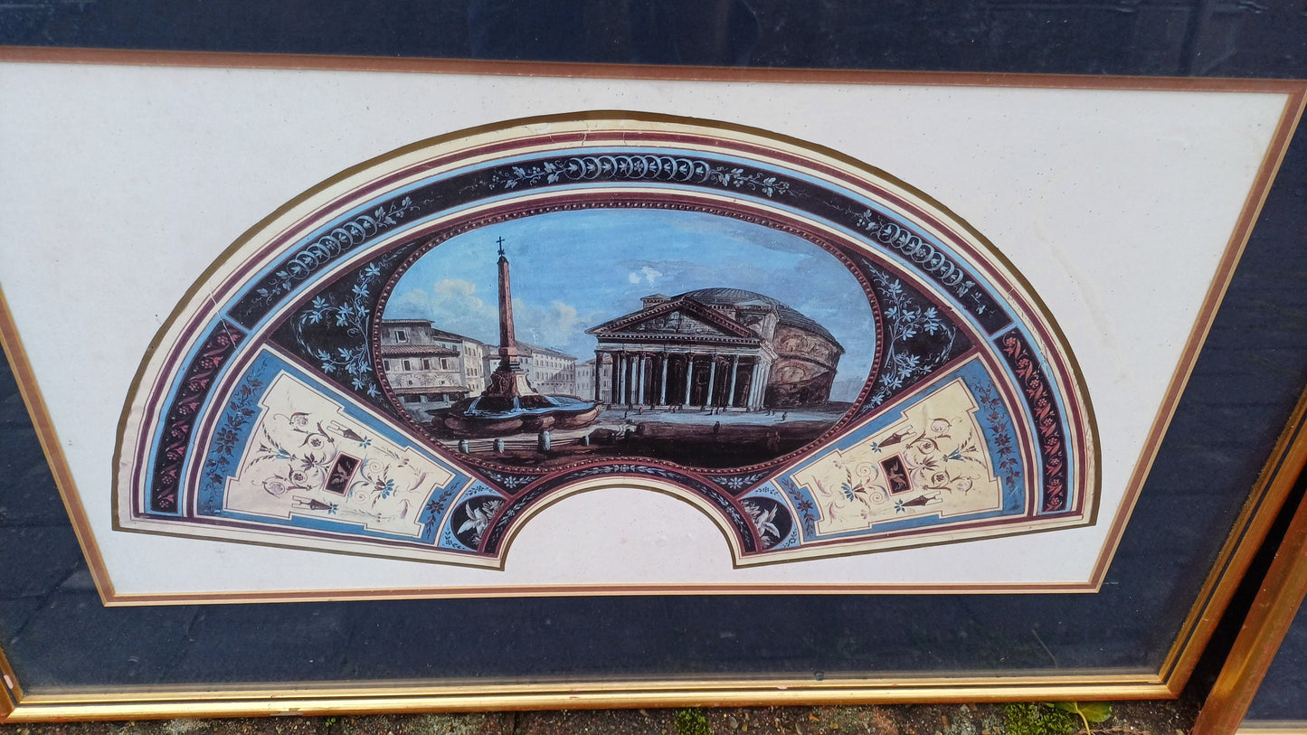 Three delightful vintage prints of Fan Project Leaf artworks of Ancient Roman Places - Tommaso Bigatti - beautifully professionally framed