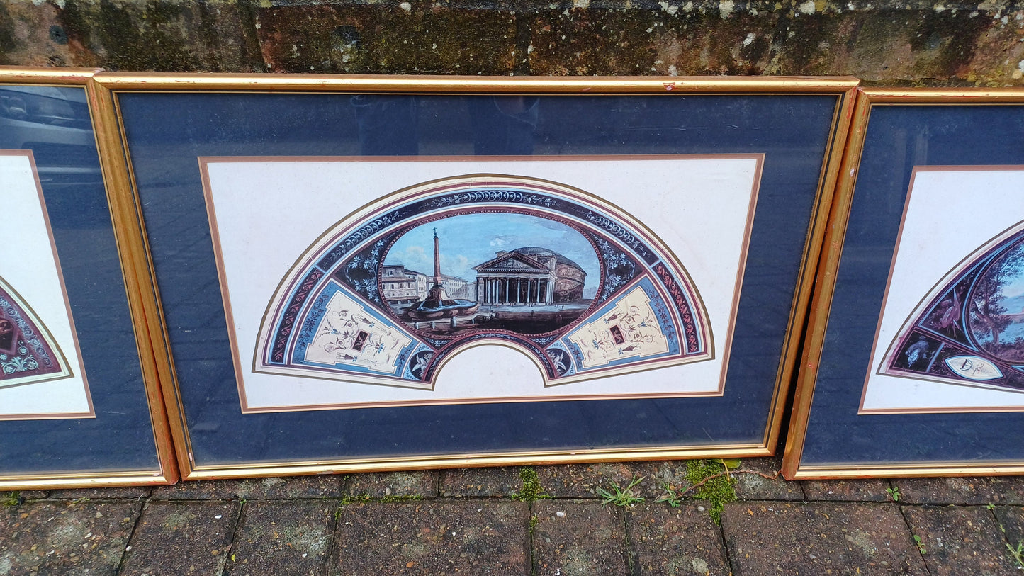 Three delightful vintage prints of Fan Project Leaf artworks of Ancient Roman Places - Tommaso Bigatti - beautifully professionally framed