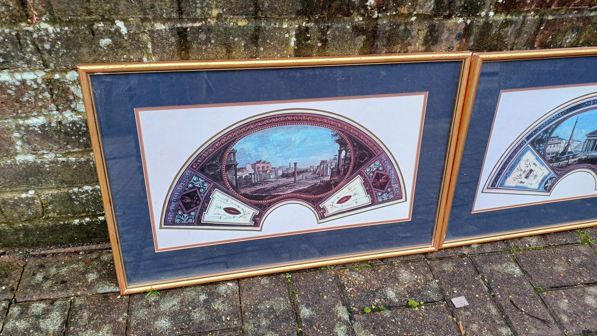 Three delightful vintage prints of Fan Project Leaf artworks of Ancient Roman Places - Tommaso Bigatti - beautifully professionally framed