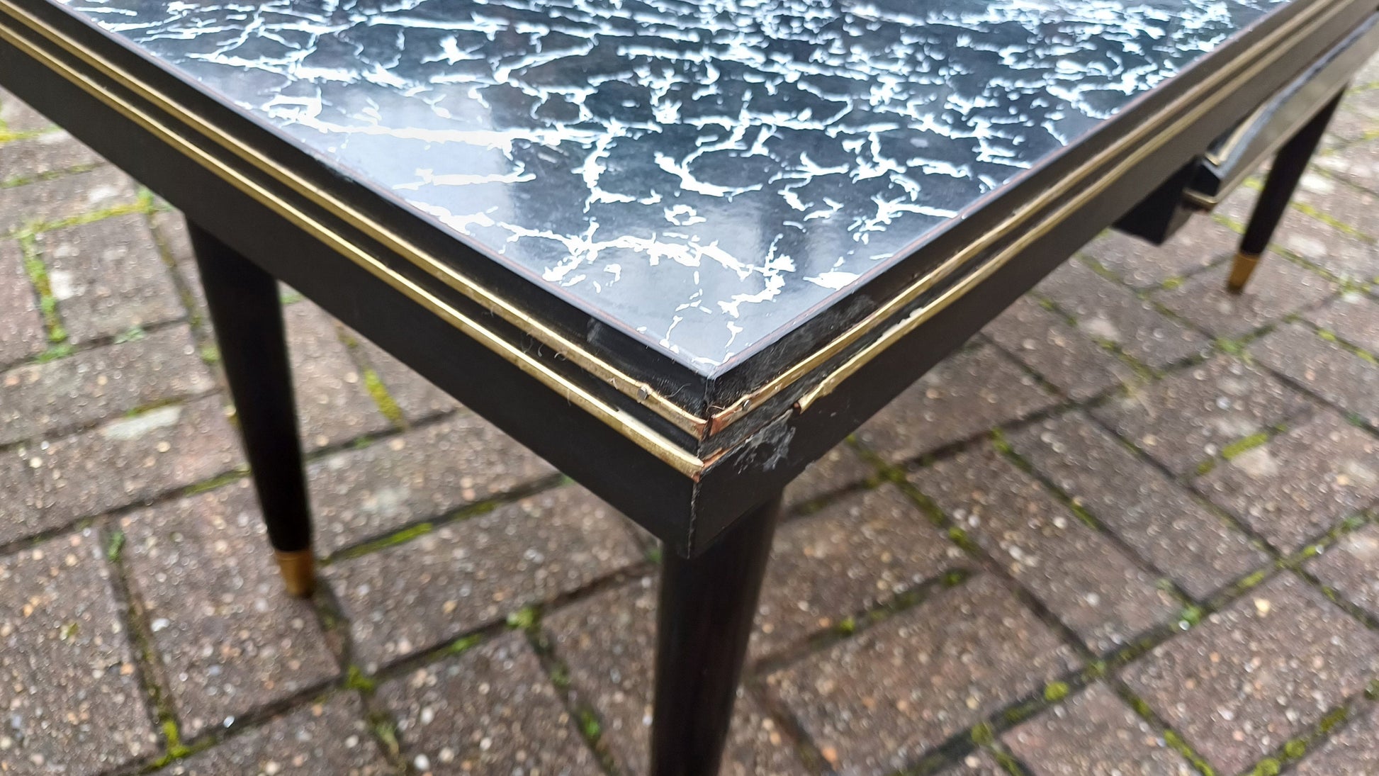 Superb Vintage Formica Coffee Table Formica Top Wooden Black and Brass Legs Unusual Built in Tray.