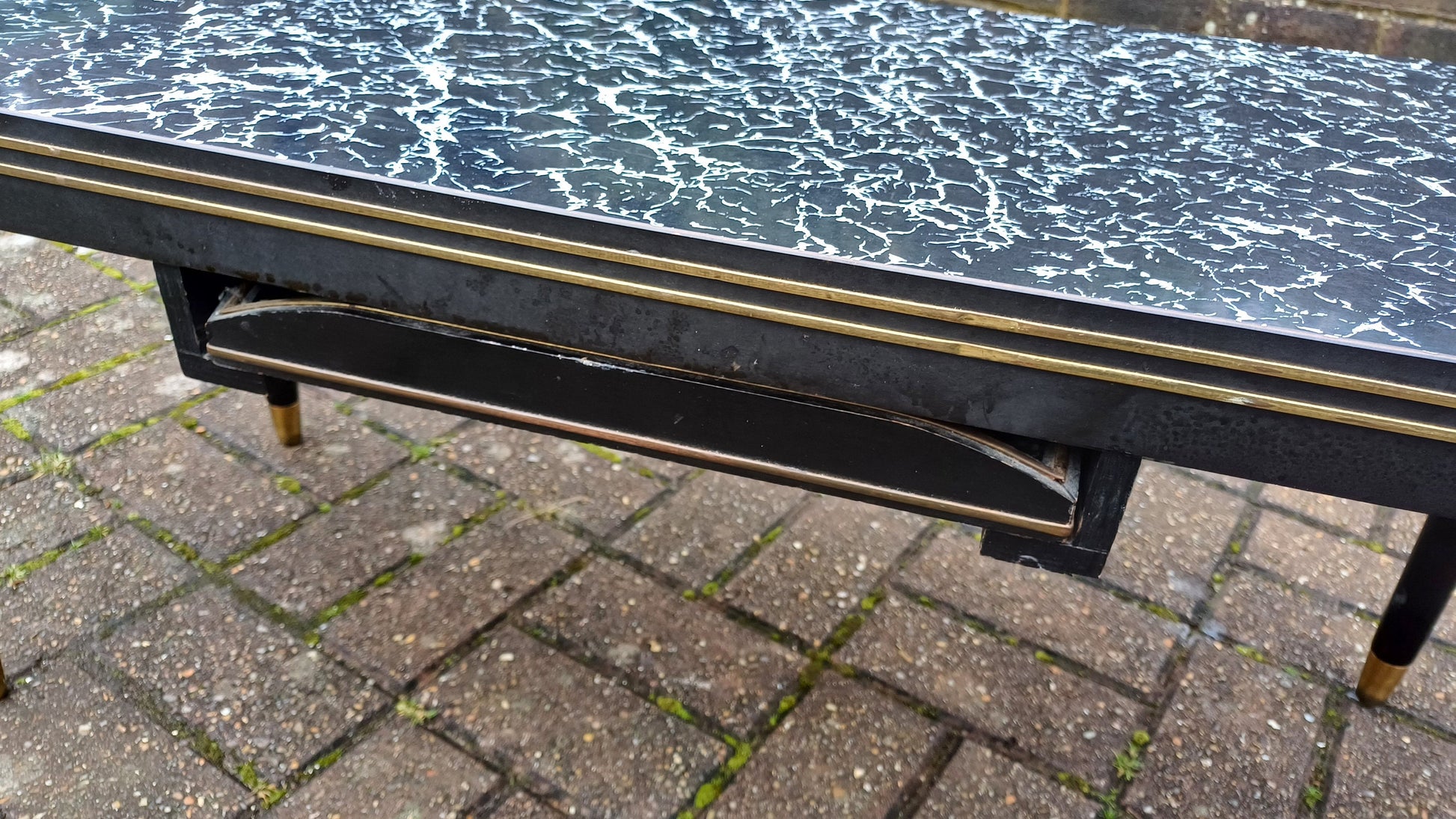 Superb Vintage Formica Coffee Table Formica Top Wooden Black and Brass Legs Unusual Built in Tray.