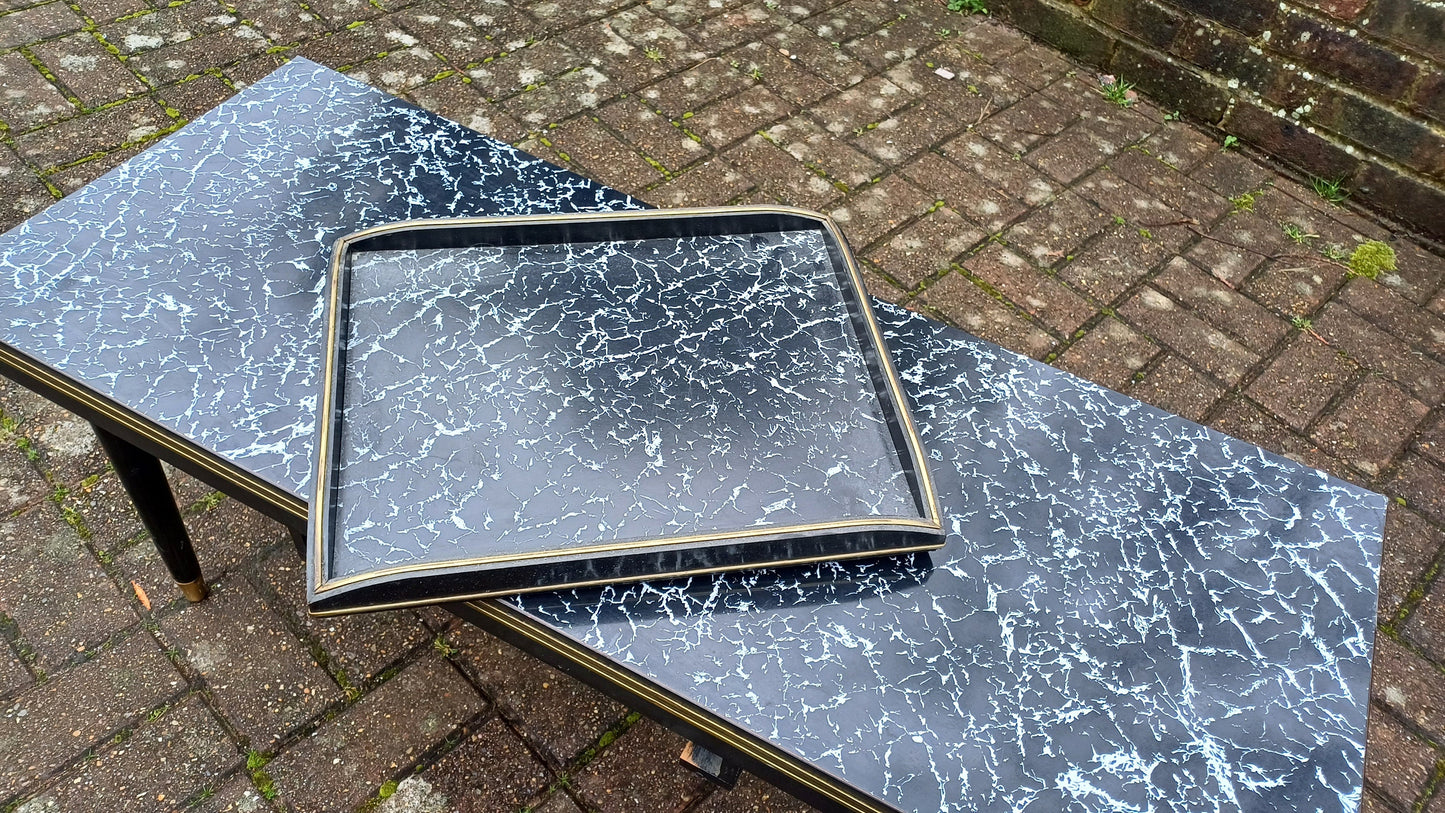Superb Vintage Formica Coffee Table Formica Top Wooden Black and Brass Legs Unusual Built in Tray.