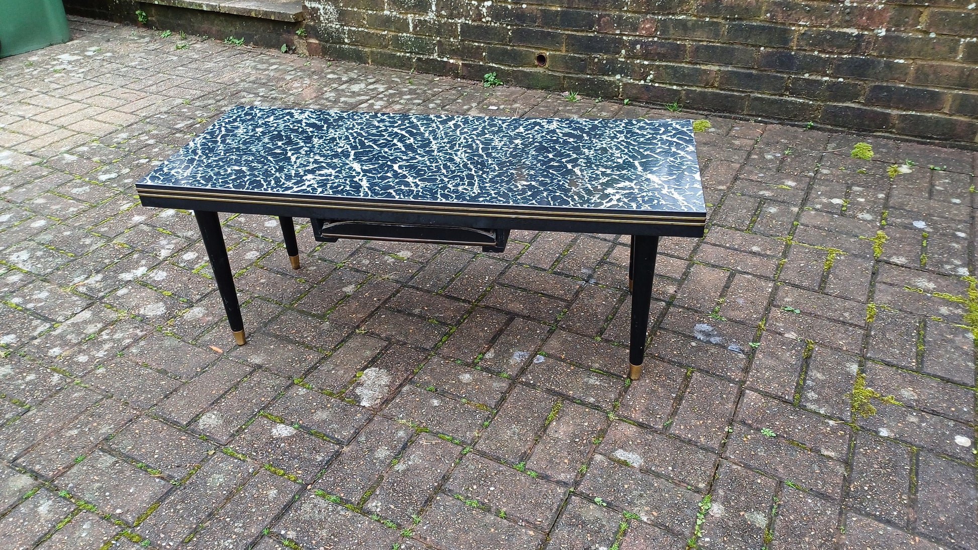 Superb Vintage Formica Coffee Table Formica Top Wooden Black and Brass Legs Unusual Built in Tray.