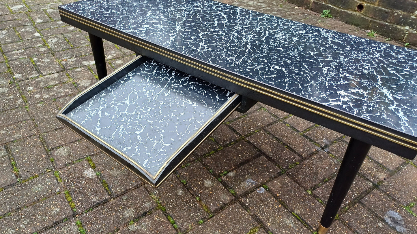 Superb Vintage Formica Coffee Table Formica Top Wooden Black and Brass Legs Unusual Built in Tray.