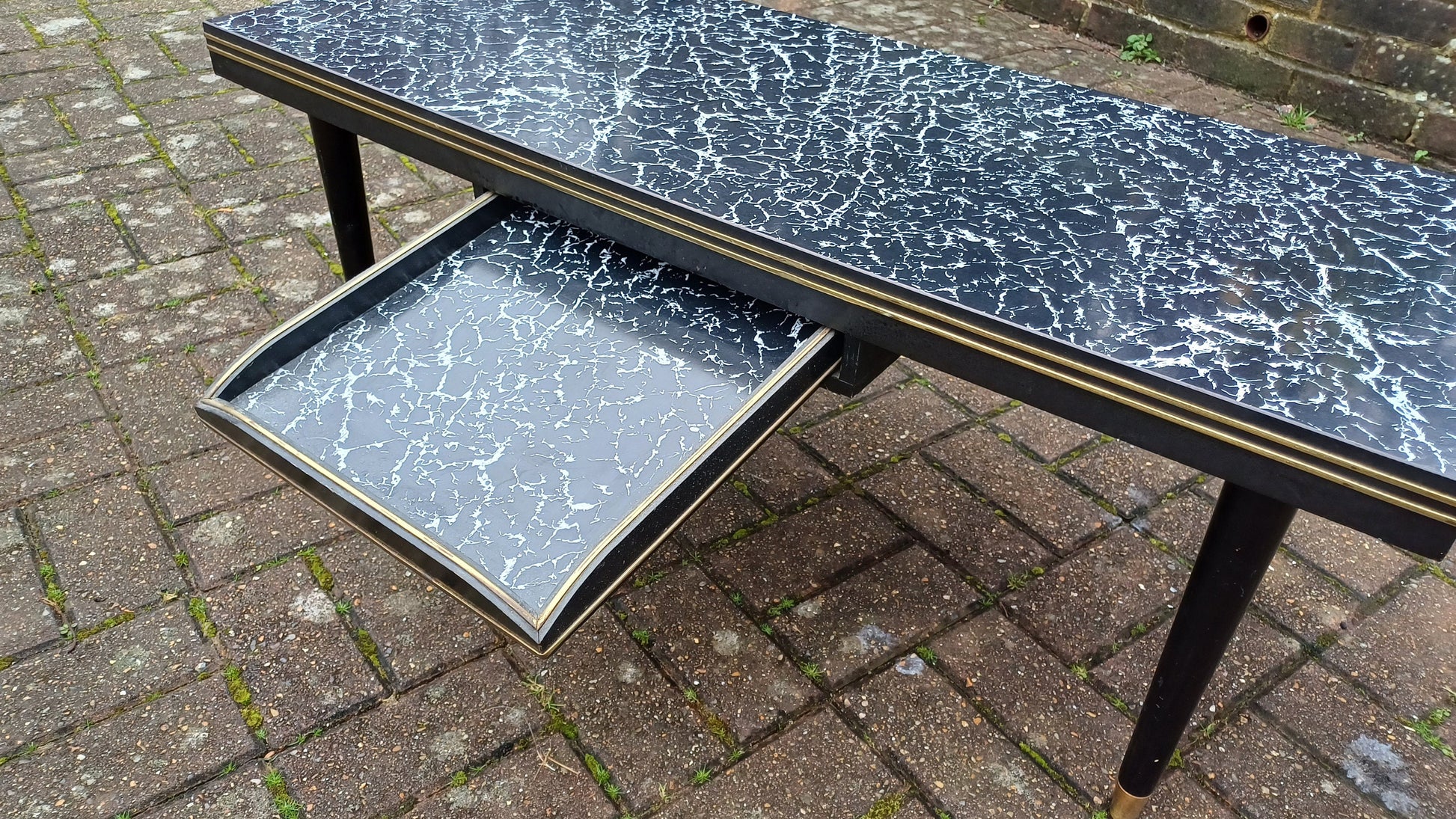 Superb Vintage Formica Coffee Table Formica Top Wooden Black and Brass Legs Unusual Built in Tray.