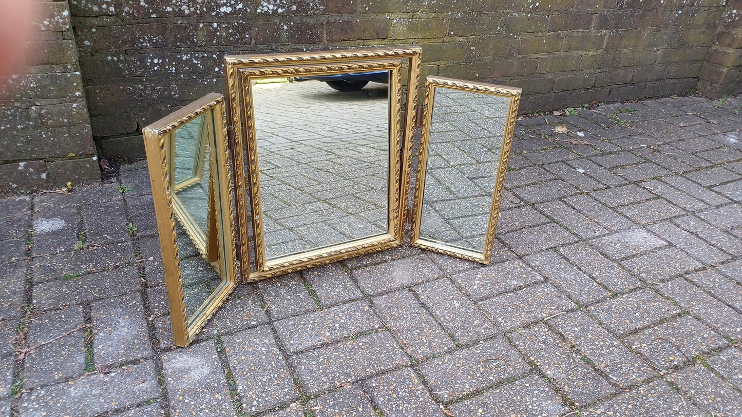 Vintage Gold Triple 60s Dressing Table Mirror Adjustable.