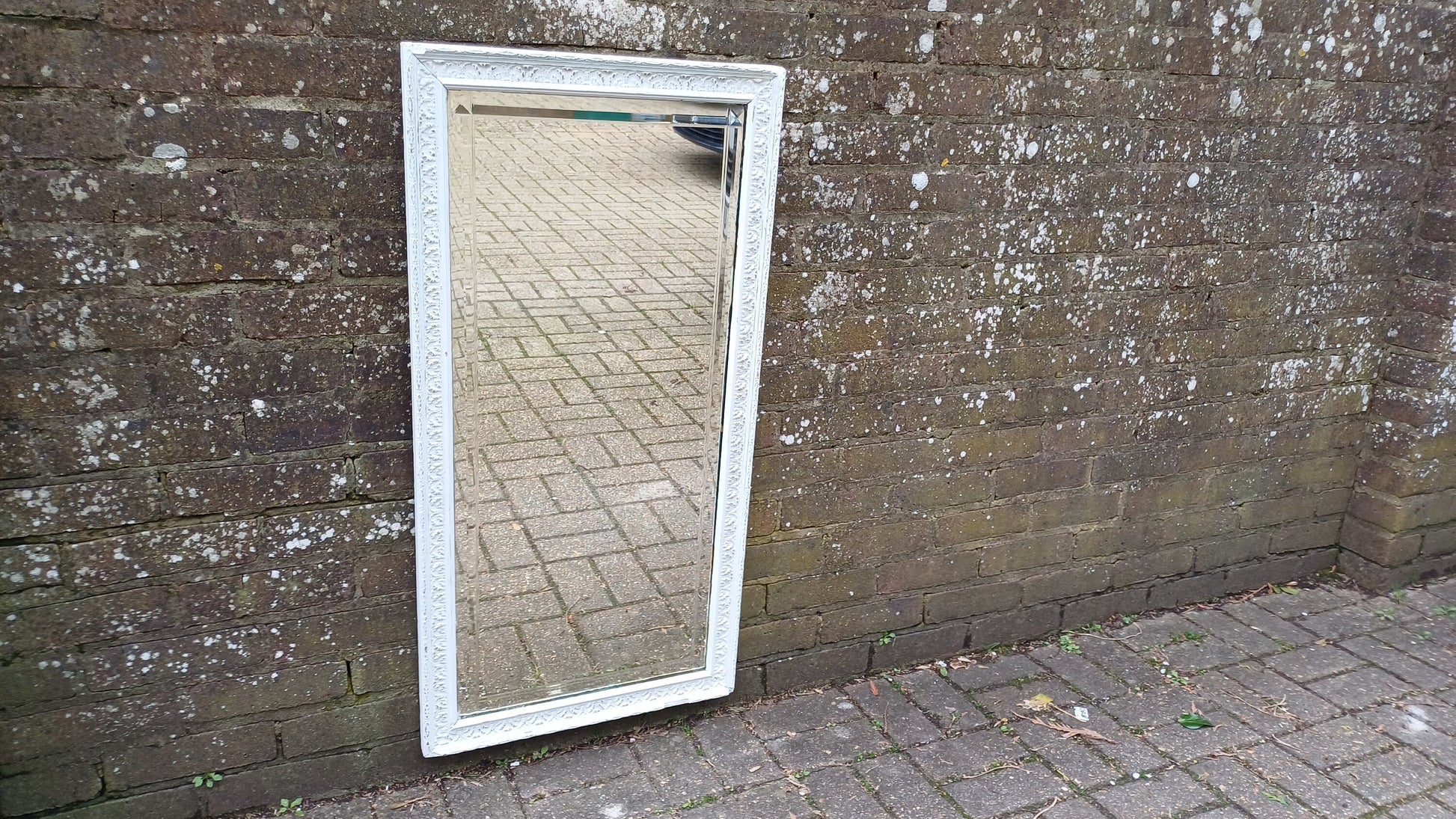 Very Large Genuine Vintage Painted Shabby Chic Wall Mirror in Farrow and Ball Unusual Inner Bevelled Decoration Free Hand Delivery 102 cm