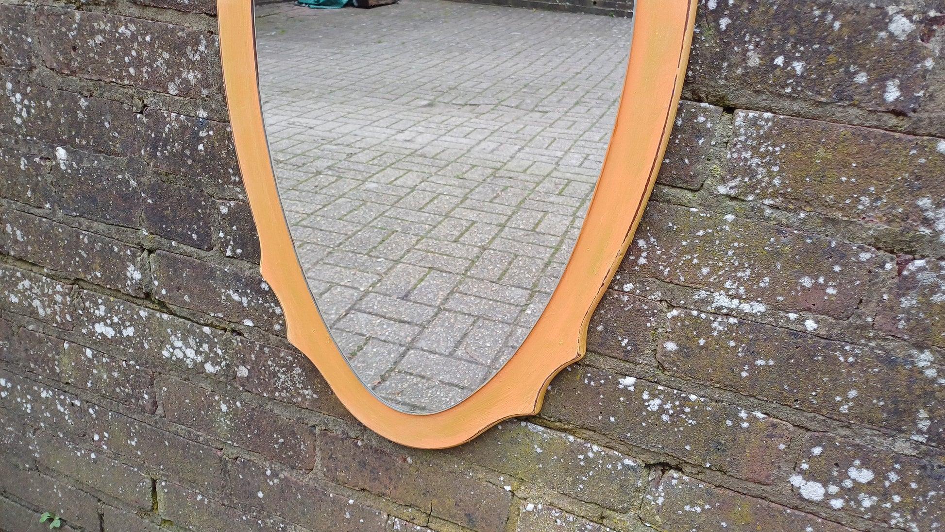 Unusual Bespoke Vintage Retro Oval Painted Orange and Gold Shaped Wall Mirror Hand Painted. Annie Sloan Barcelona Orange.
