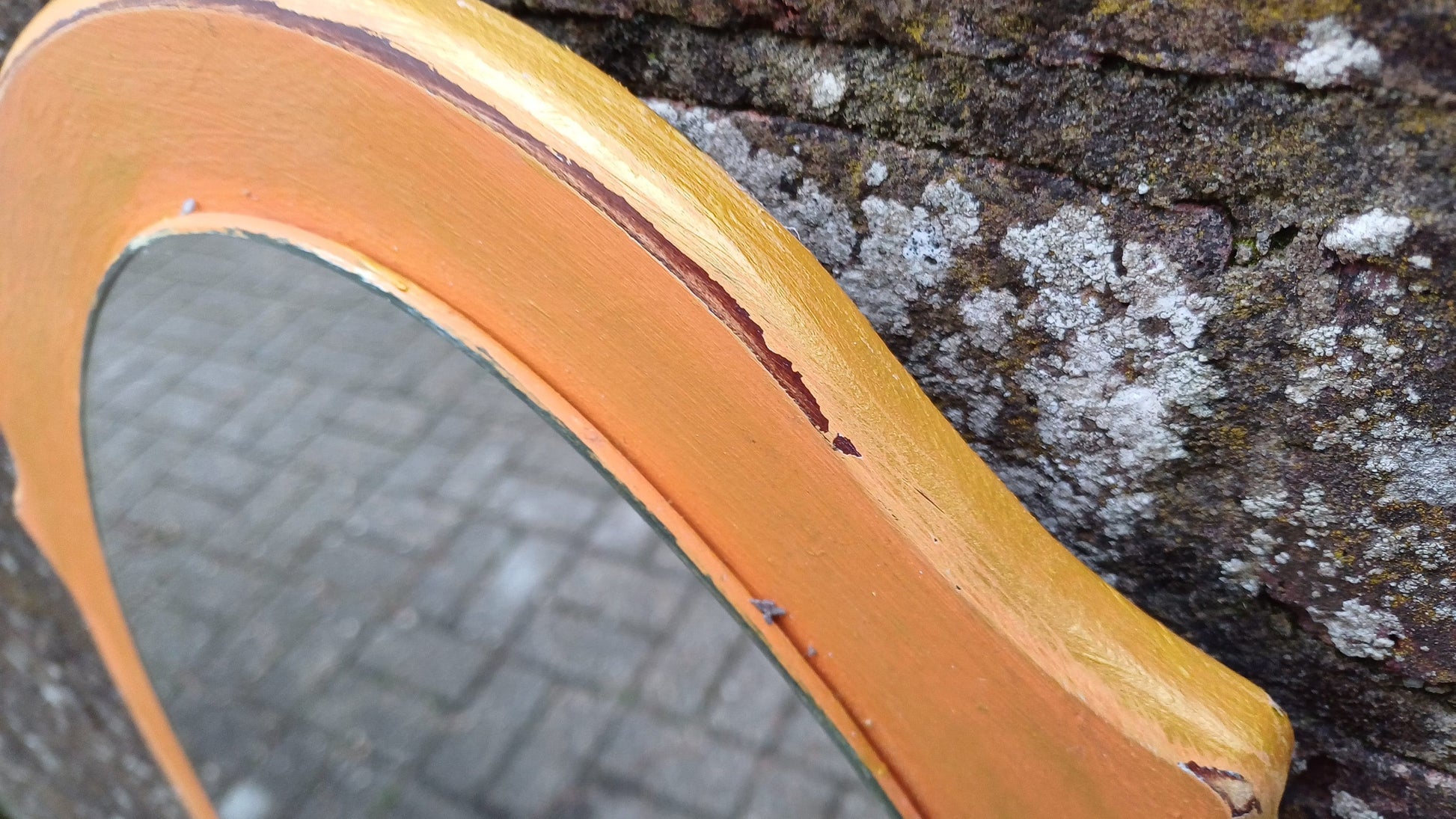Unusual Bespoke Vintage Retro Oval Painted Orange and Gold Shaped Wall Mirror Hand Painted. Annie Sloan Barcelona Orange.