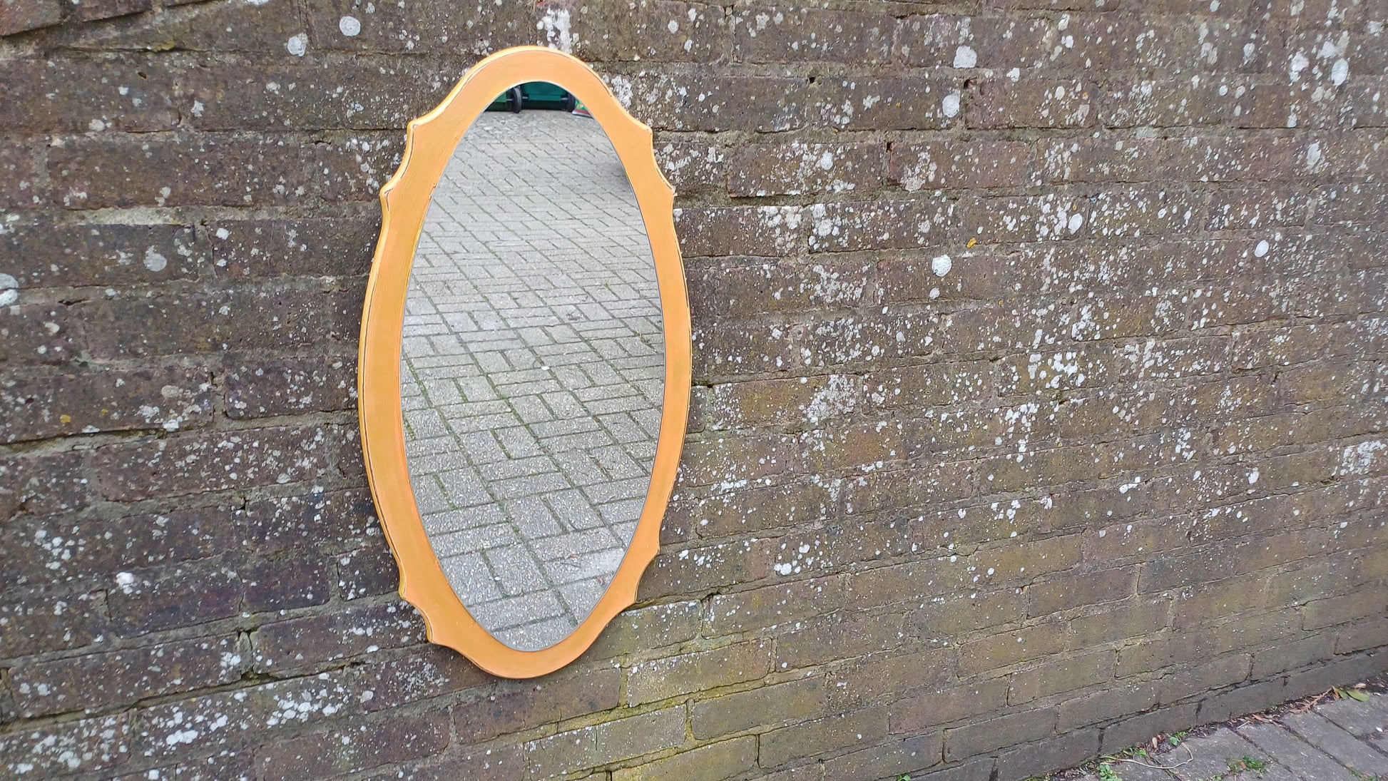 Unusual Bespoke Vintage Retro Oval Painted Orange and Gold Shaped Wall Mirror Hand Painted. Annie Sloan Barcelona Orange.