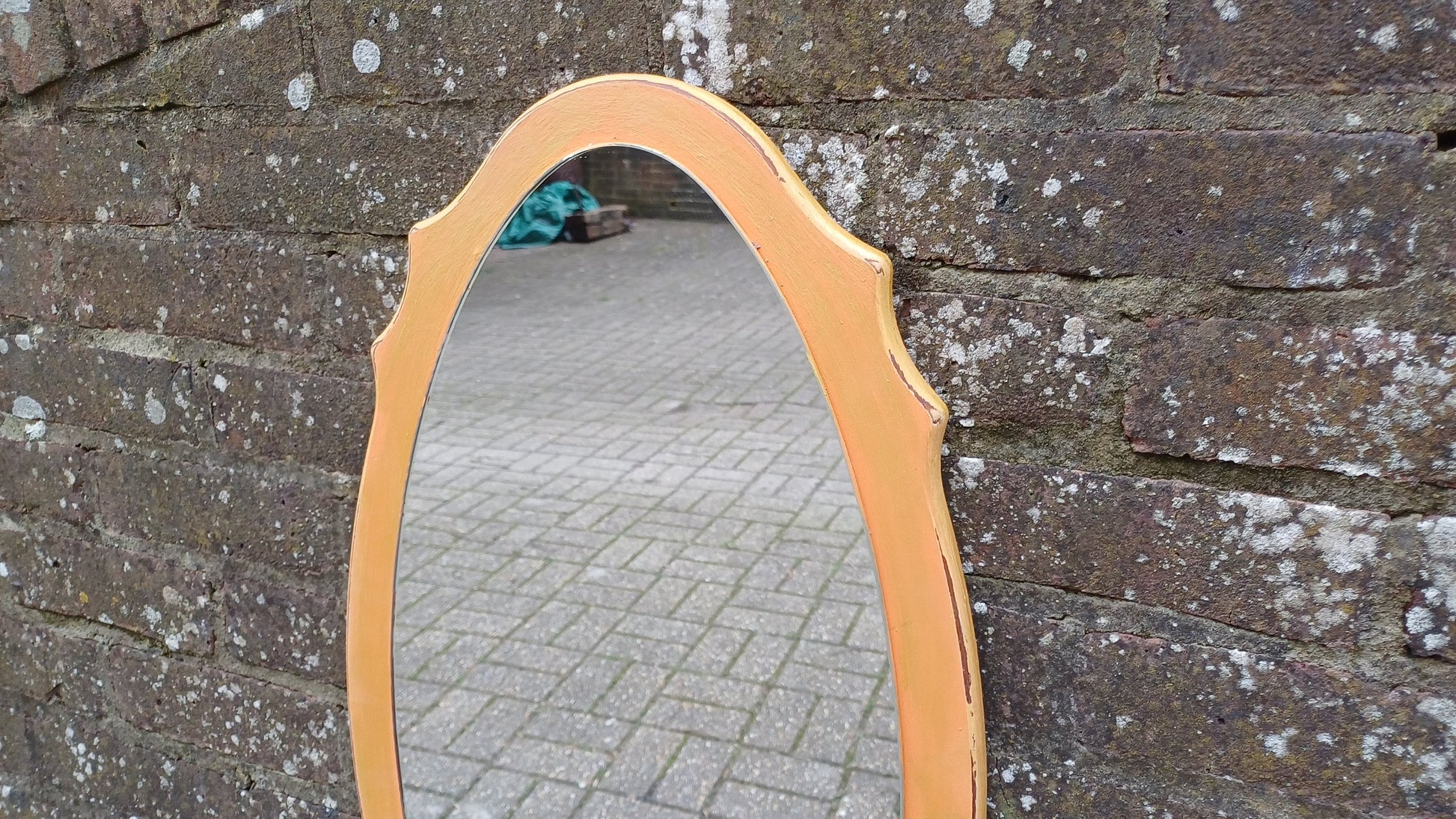 Unusual Bespoke Vintage Retro Oval Painted Orange and Gold Shaped Wall Mirror Hand Painted. Annie Sloan Barcelona Orange.