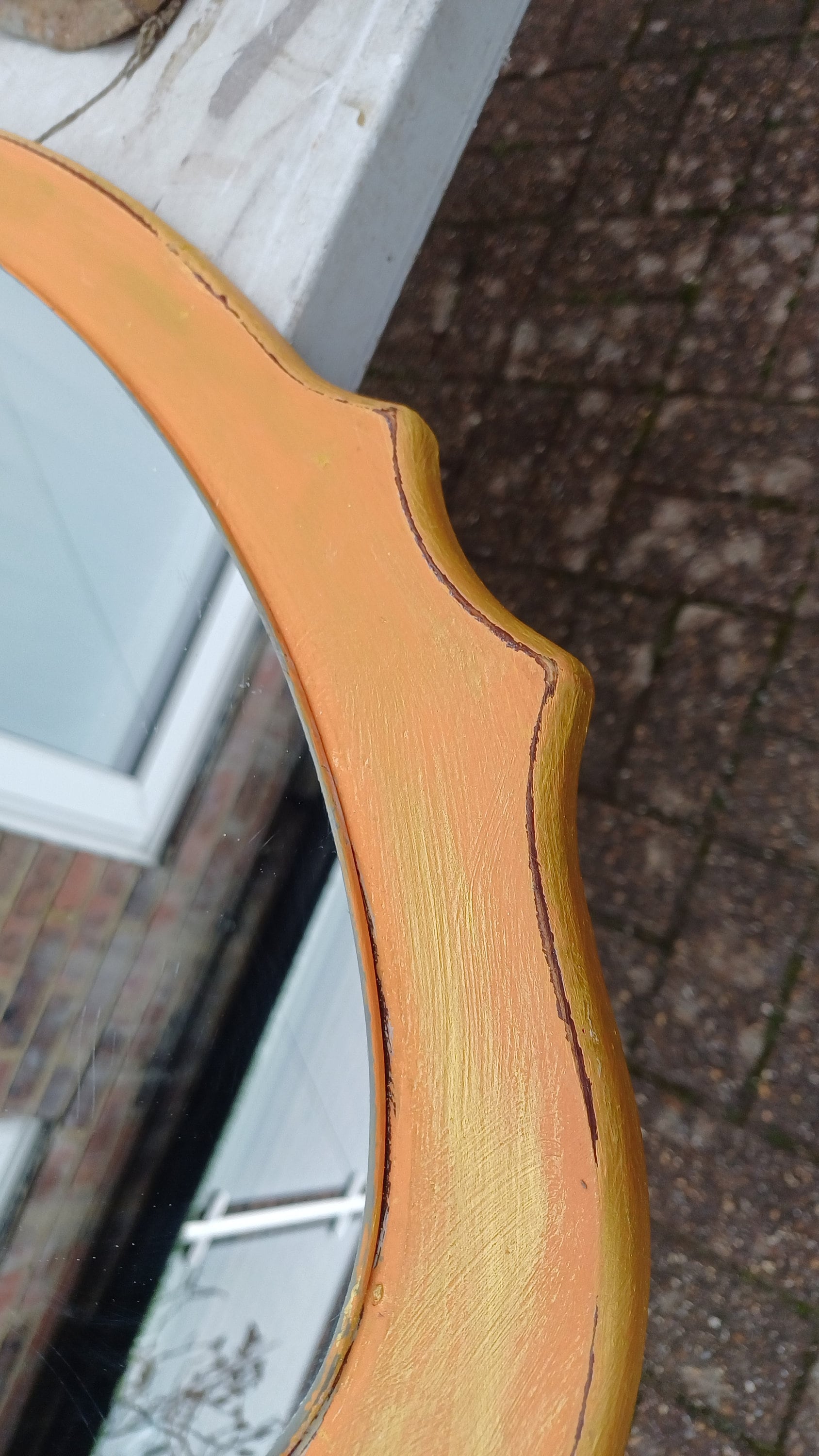 Unusual Bespoke Vintage Retro Oval Painted Orange and Gold Shaped Wall Mirror Hand Painted. Annie Sloan Barcelona Orange.