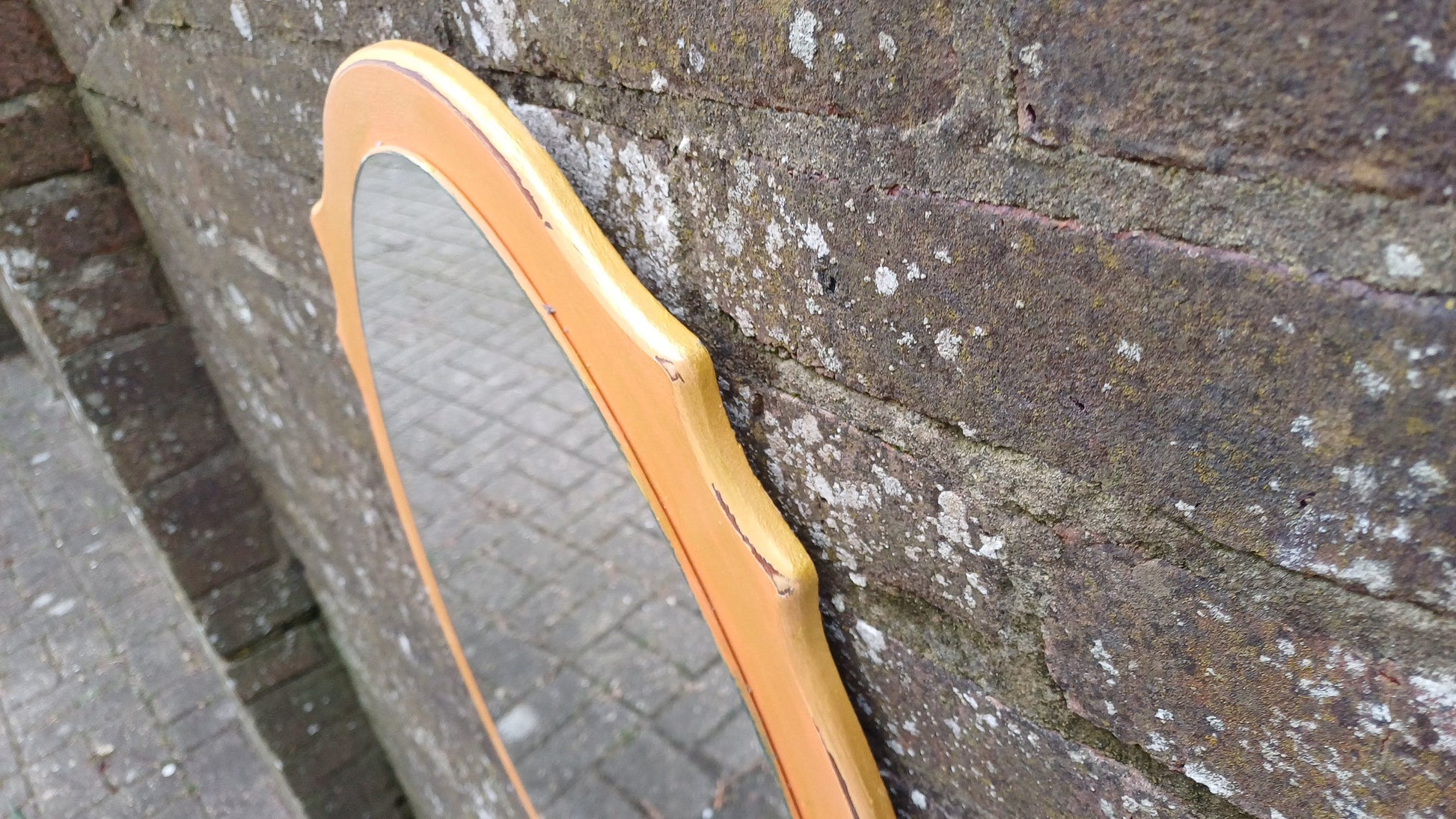 Unusual Bespoke Vintage Retro Oval Painted Orange and Gold Shaped Wall Mirror Hand Painted. Annie Sloan Barcelona Orange.