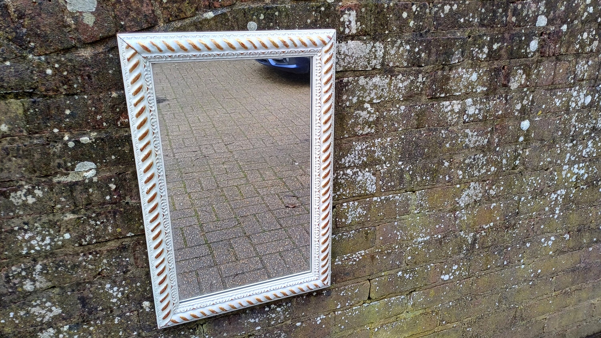 Large Pretty Vintage 80’s Painted Gold and Cream Rectangular Wall Mirror.