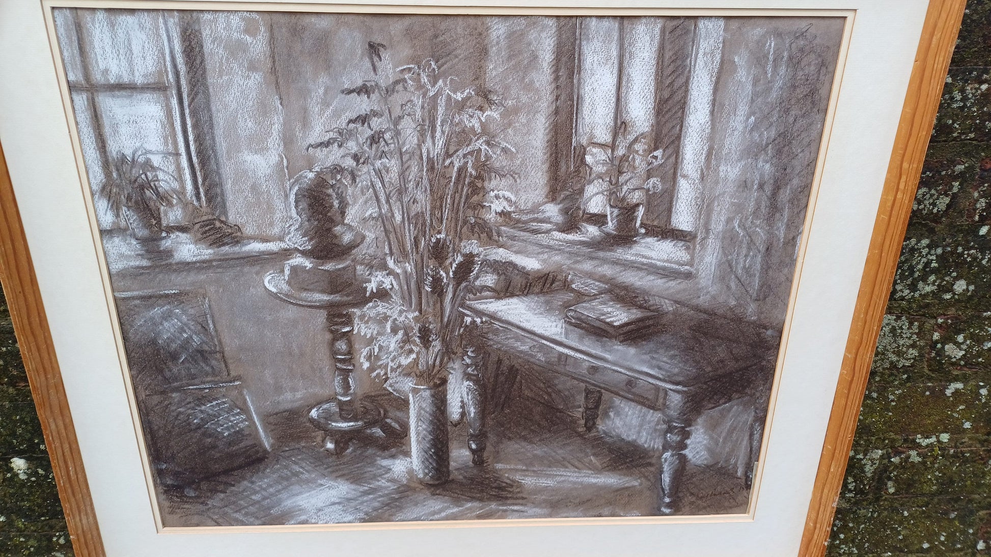 Large vintage black and white pastel still life by Kay Parsons 1987, Studio Corner