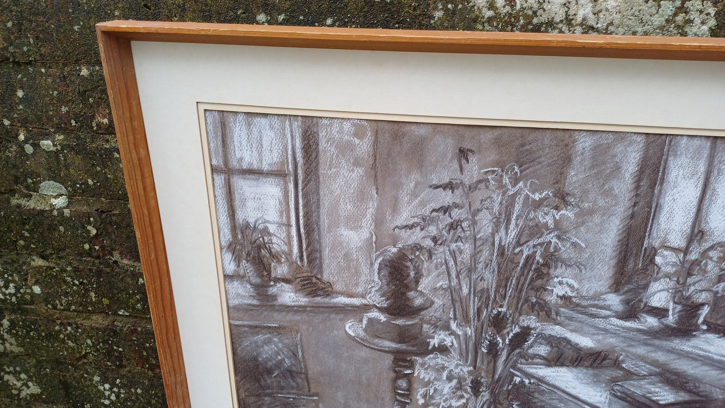 Large vintage black and white pastel still life by Kay Parsons 1987, Studio Corner
