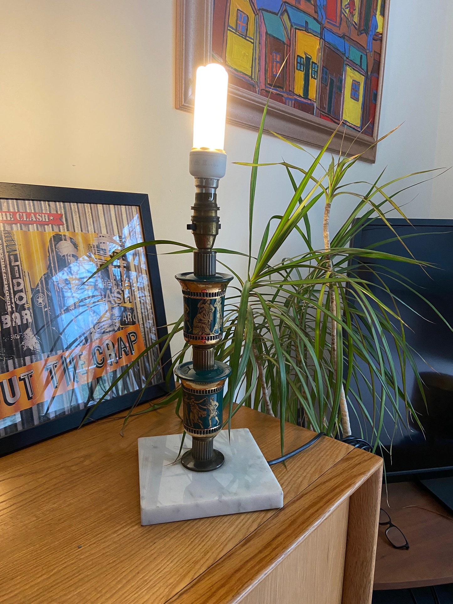 Vintage "Made in Italy" Green and Gold Ceramic Lamp, with gods and goddesses, on a Marble Base - working order