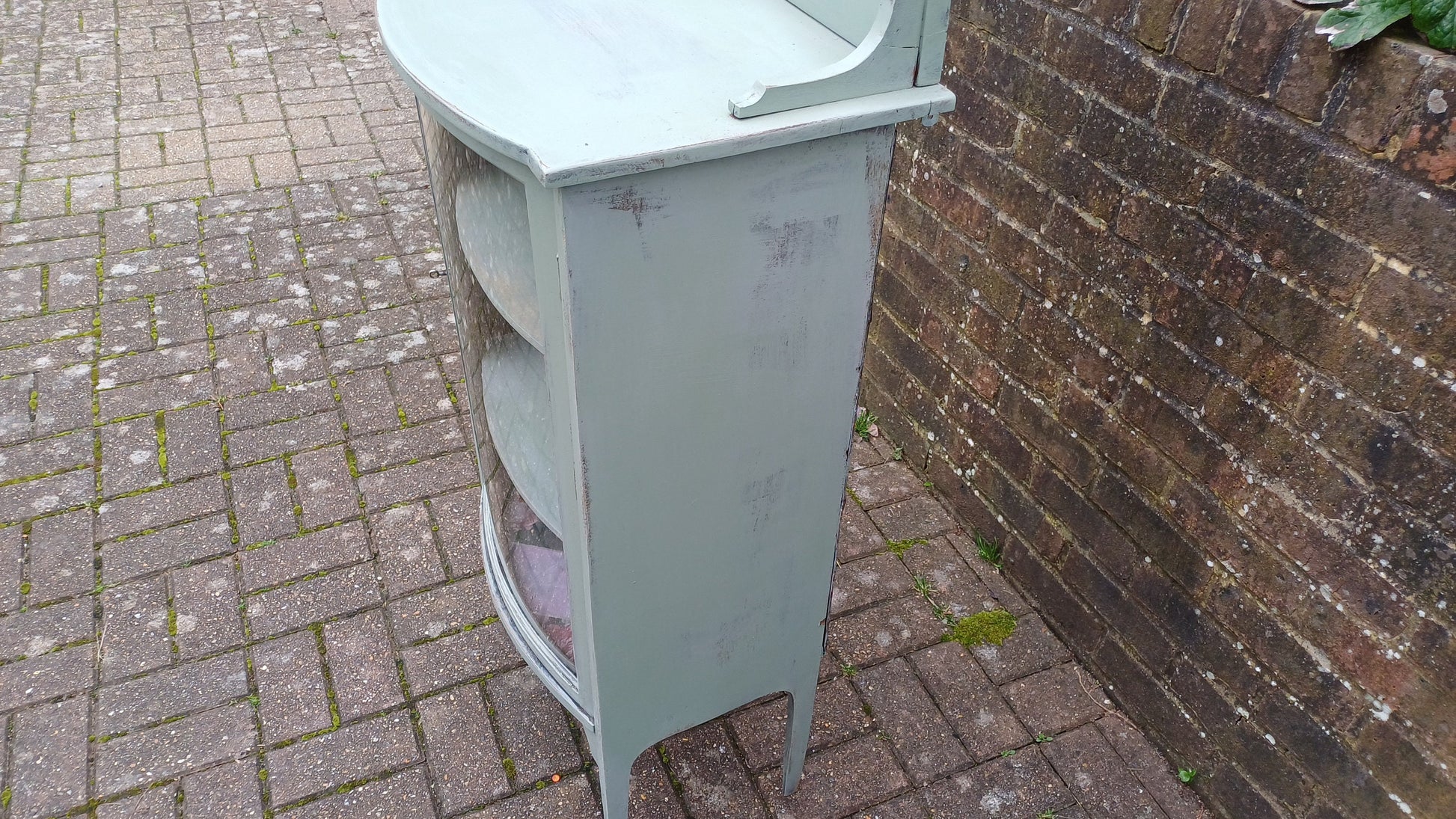 Unique Vintage Victorian Painted Glazed Glass Display Cupboard Green with Mirror Top and Interior Decoupage.