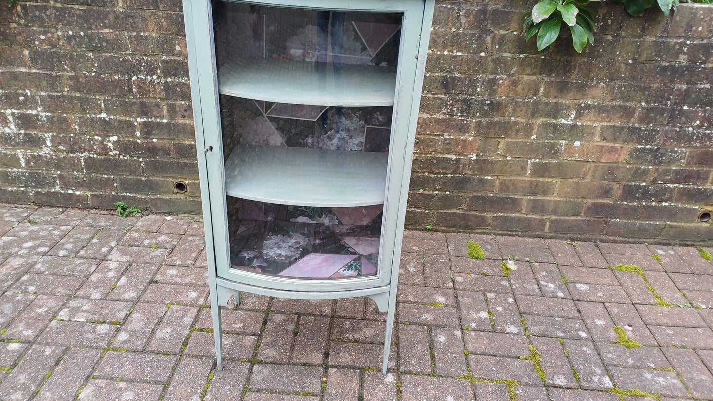 Unique Vintage Victorian Painted Glazed Glass Display Cupboard Green with Mirror Top and Interior Decoupage.