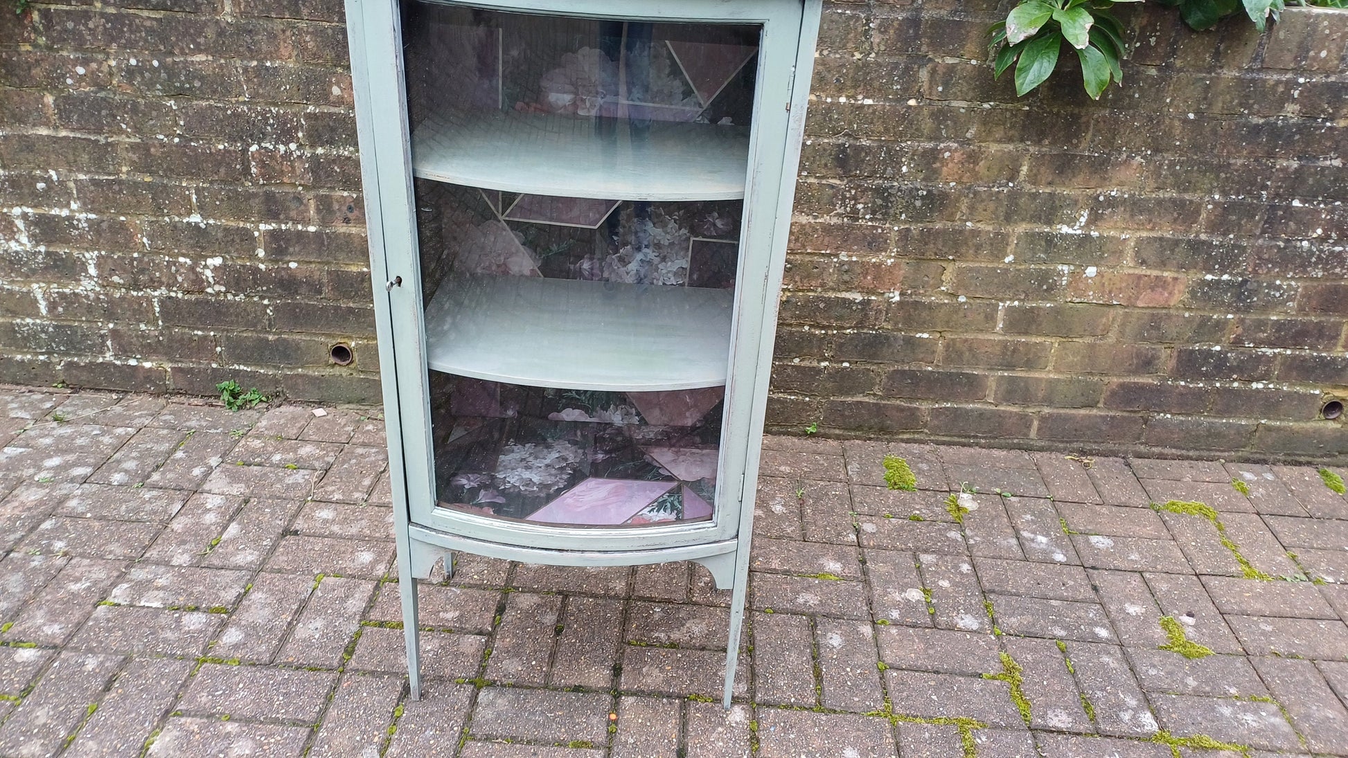 Unique Vintage Victorian Painted Glazed Glass Display Cupboard Green with Mirror Top and Interior Decoupage.