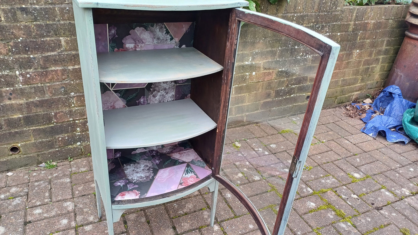 Unique Vintage Victorian Painted Glazed Glass Display Cupboard Green with Mirror Top and Interior Decoupage.