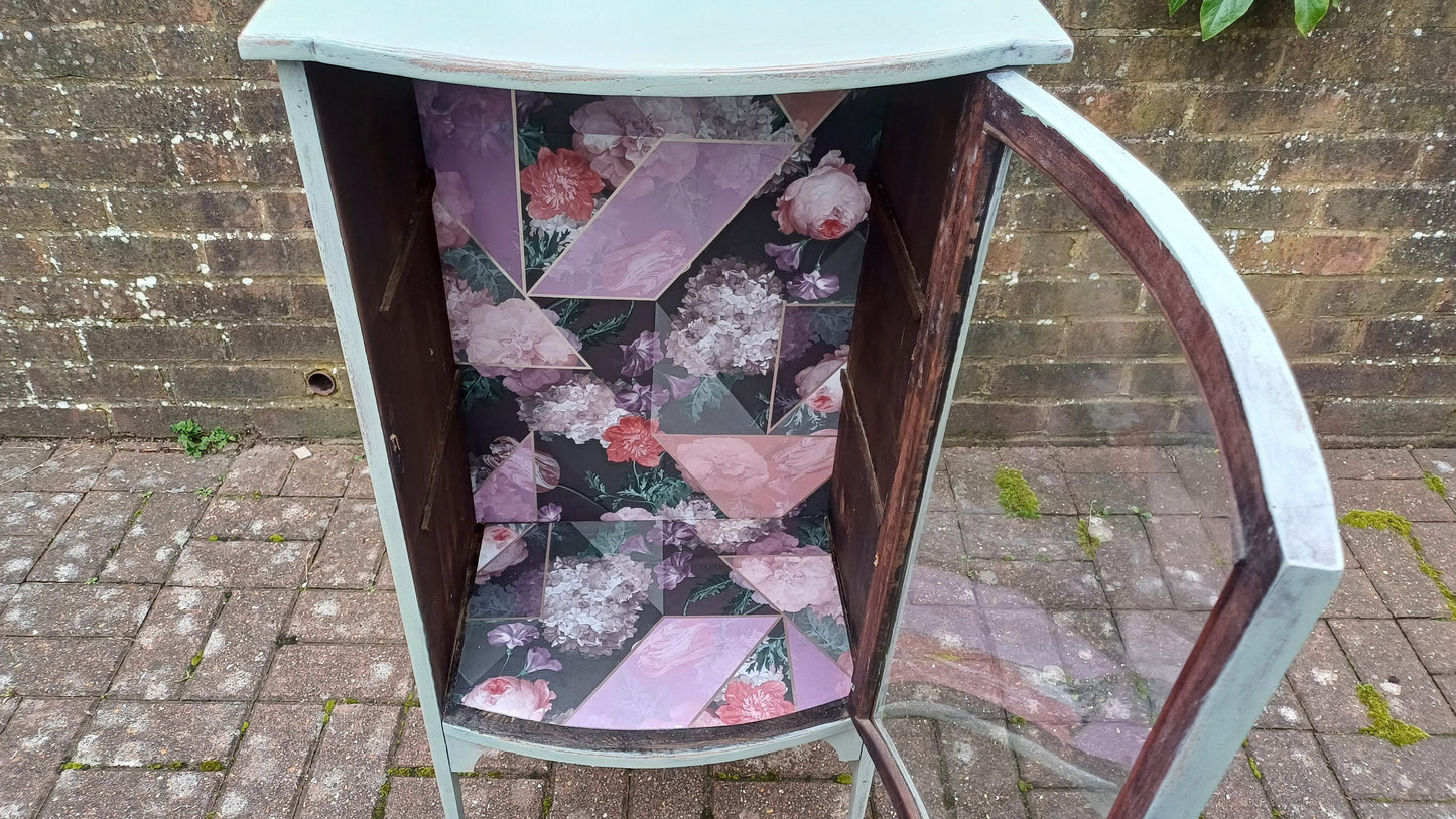 Unique Vintage Victorian Painted Glazed Glass Display Cupboard Green with Mirror Top and Interior Decoupage.