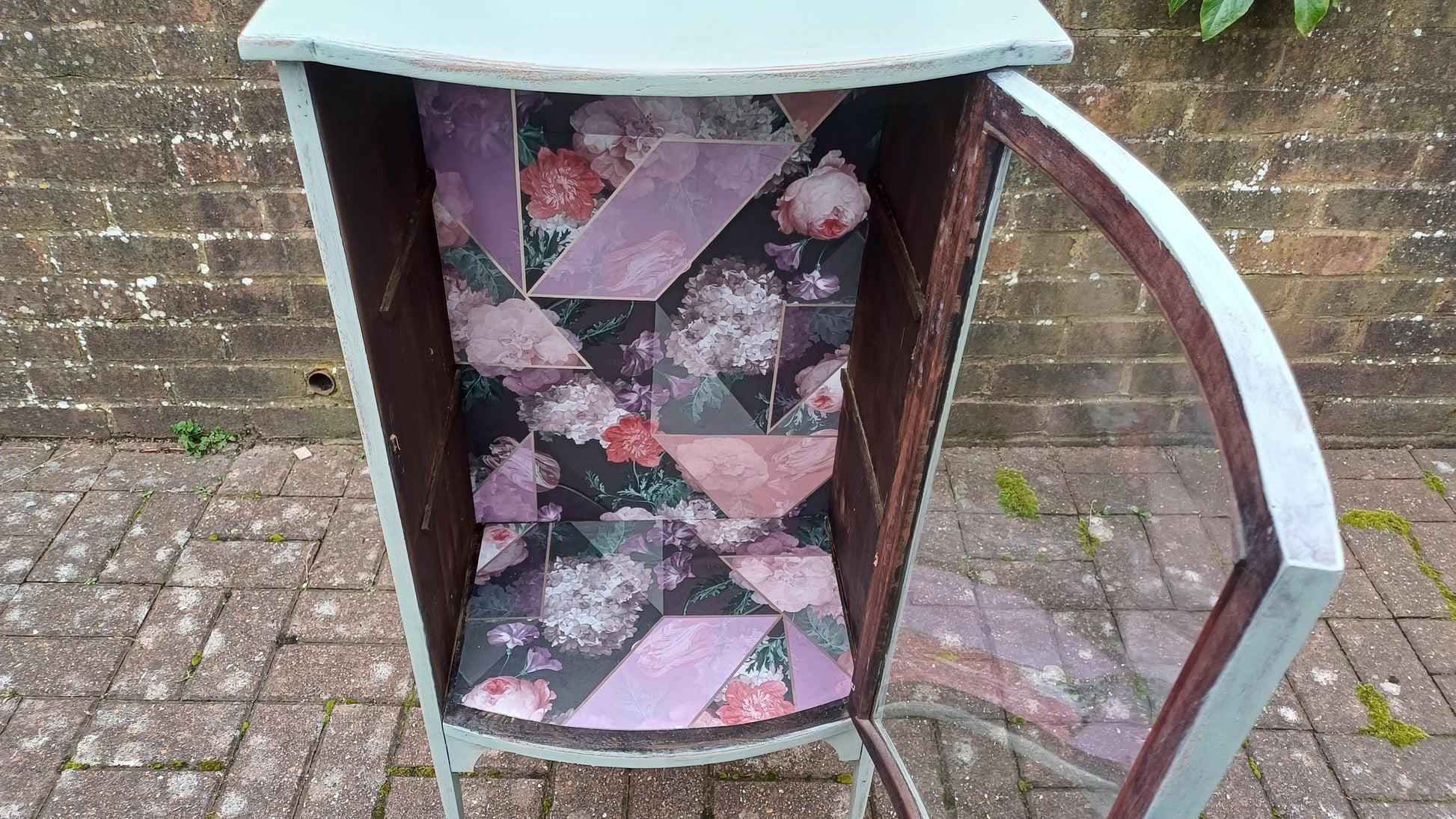 Unique Vintage Victorian Painted Glazed Glass Display Cupboard Green with Mirror Top and Interior Decoupage.