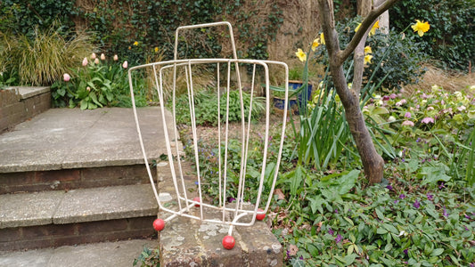 Vintage Retro White Metal Magazine Rack with Atomic Red Feet.