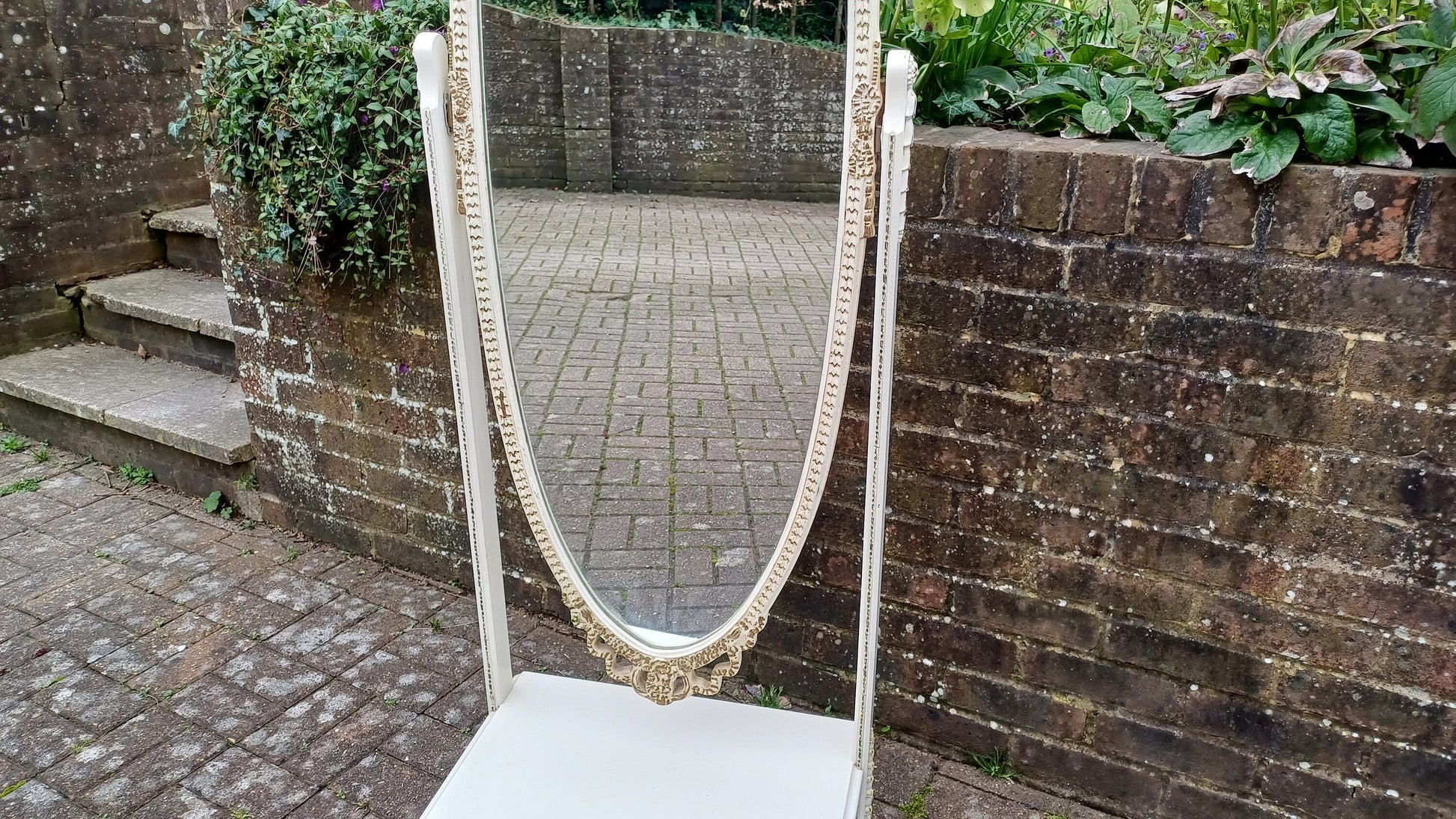 Huge Vintage Retro 70s Painted Cheval Mirror with Drawer Gold Highlights Nearly 6 ft.
