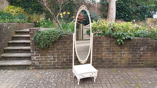 Huge Vintage Retro 70s Painted Cheval Mirror with Drawer Gold Highlights Nearly 6 ft.