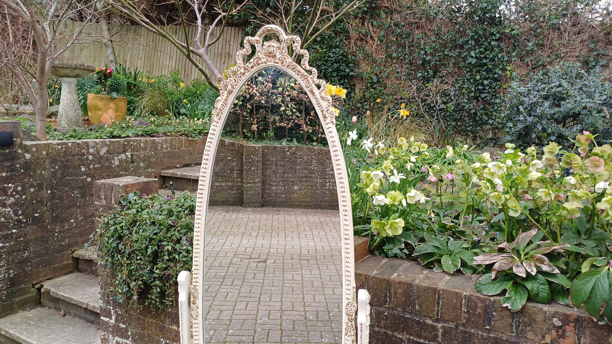 Huge Vintage Retro 70s Painted Cheval Mirror with Drawer Gold Highlights Nearly 6 ft.