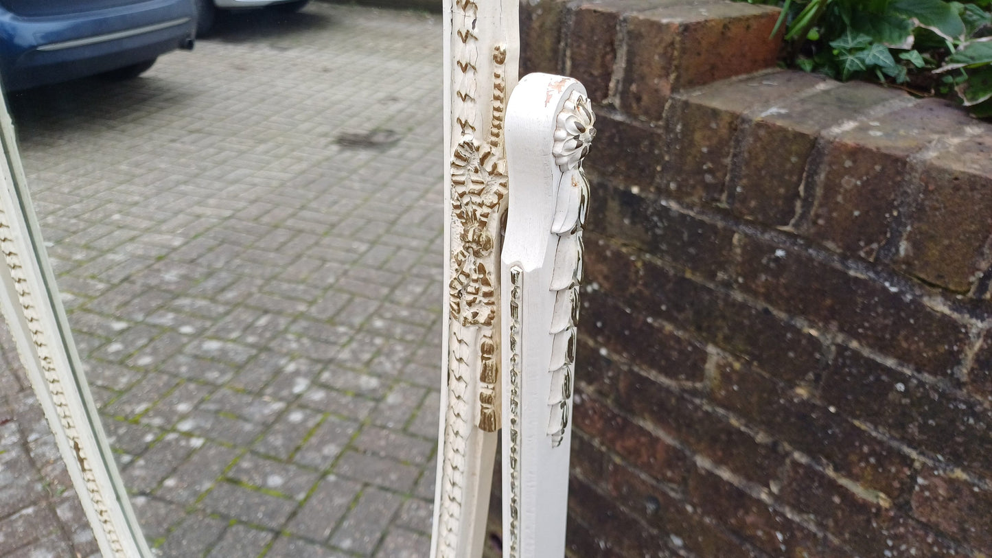Huge Vintage Retro 70s Painted Cheval Mirror with Drawer Gold Highlights Nearly 6 ft.
